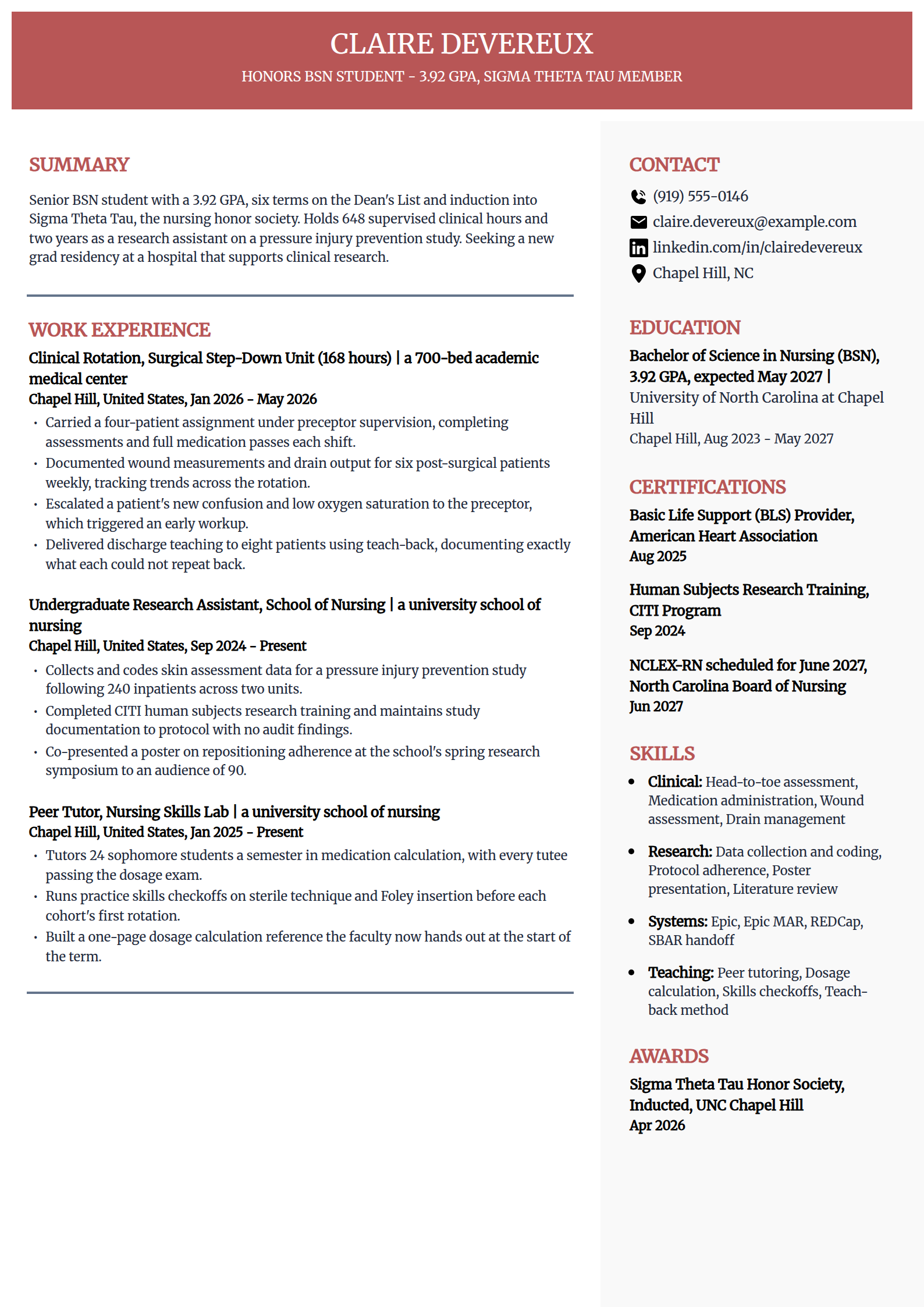 Honors and Dean's List nursing student resume example in the Executive template