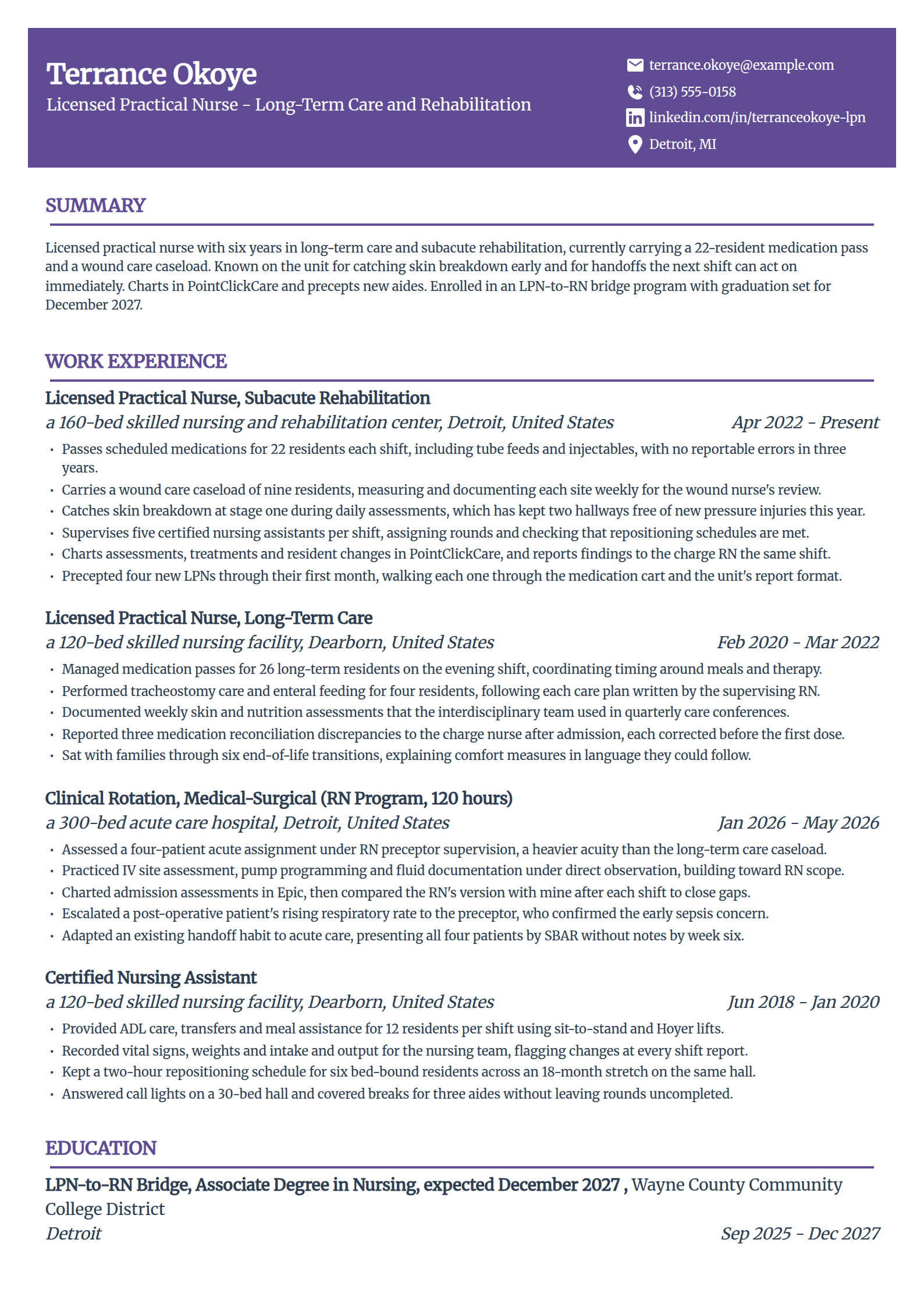 LPN to RN bridge student resume example in the Panorama template