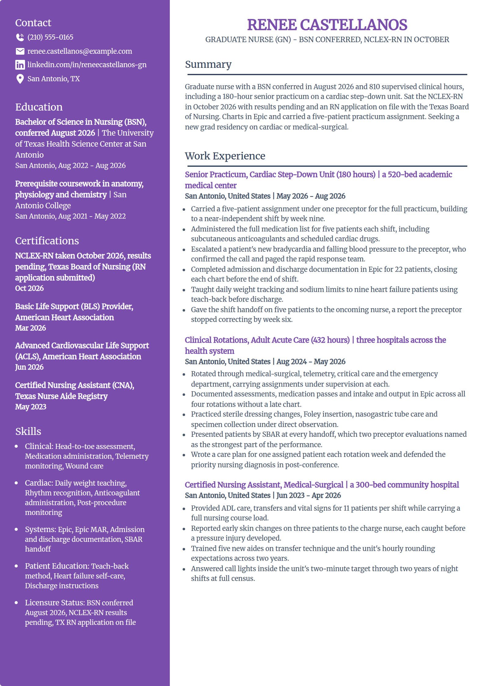 New grad nursing student pre-NCLEX graduate nurse resume example in the Pioneer template