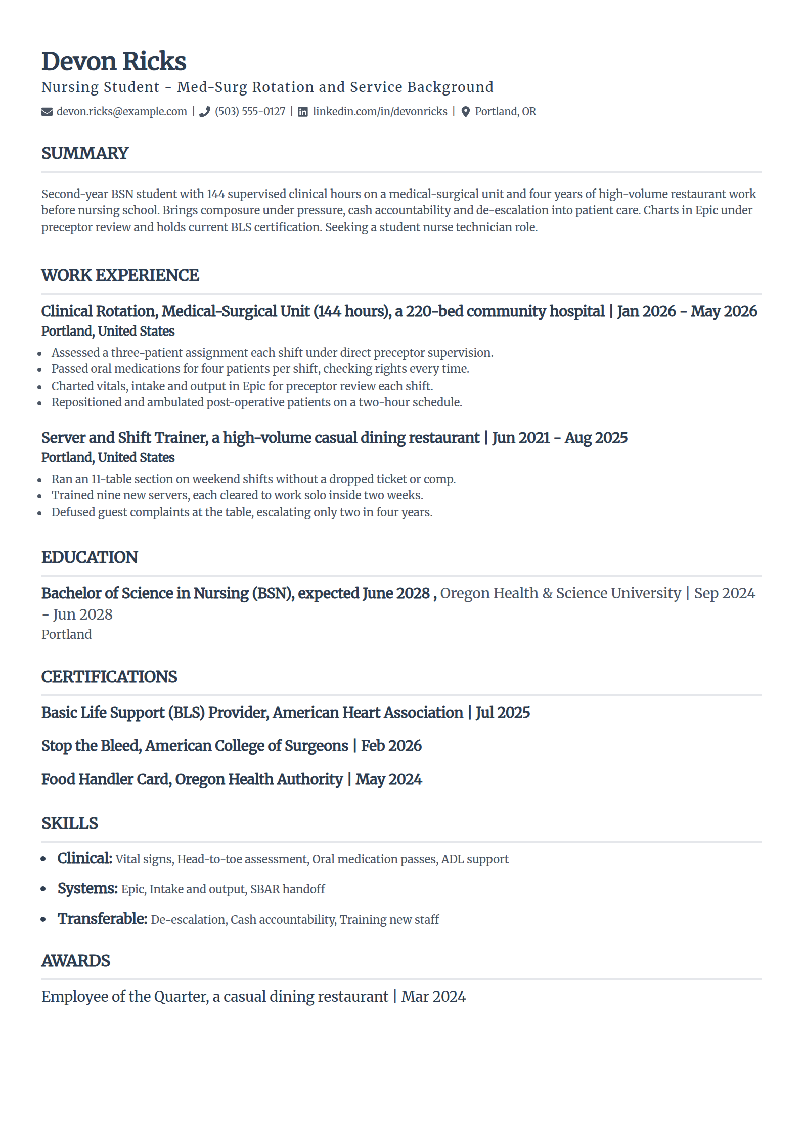 Nursing student with no healthcare experience resume example in the Classic template