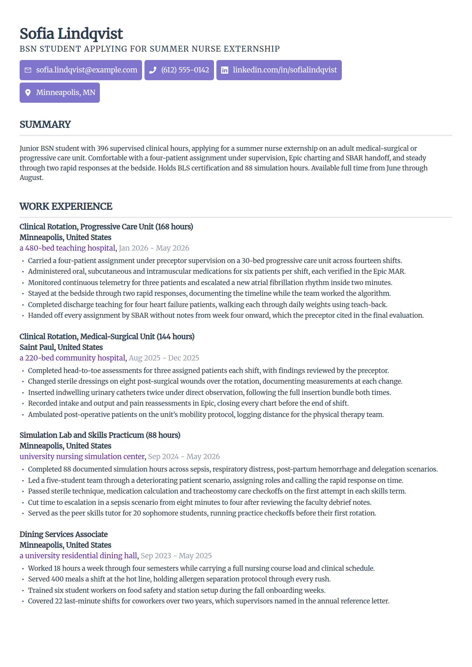 Nurse extern application resume example in the Sleek Framework template