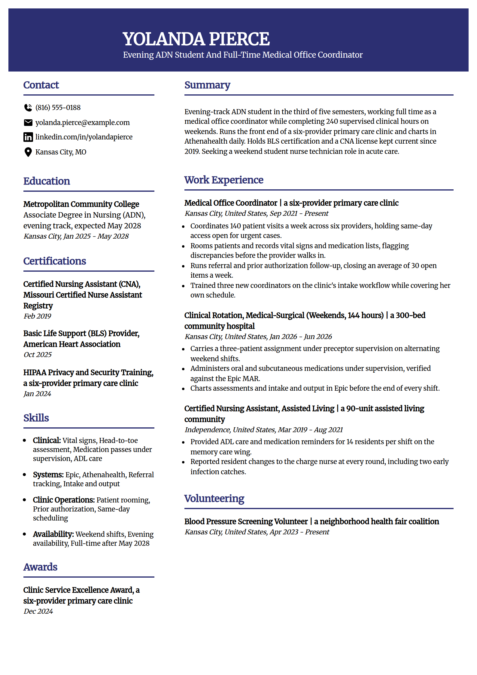 Part-time evening nursing student working full time resume example in the Visionary template