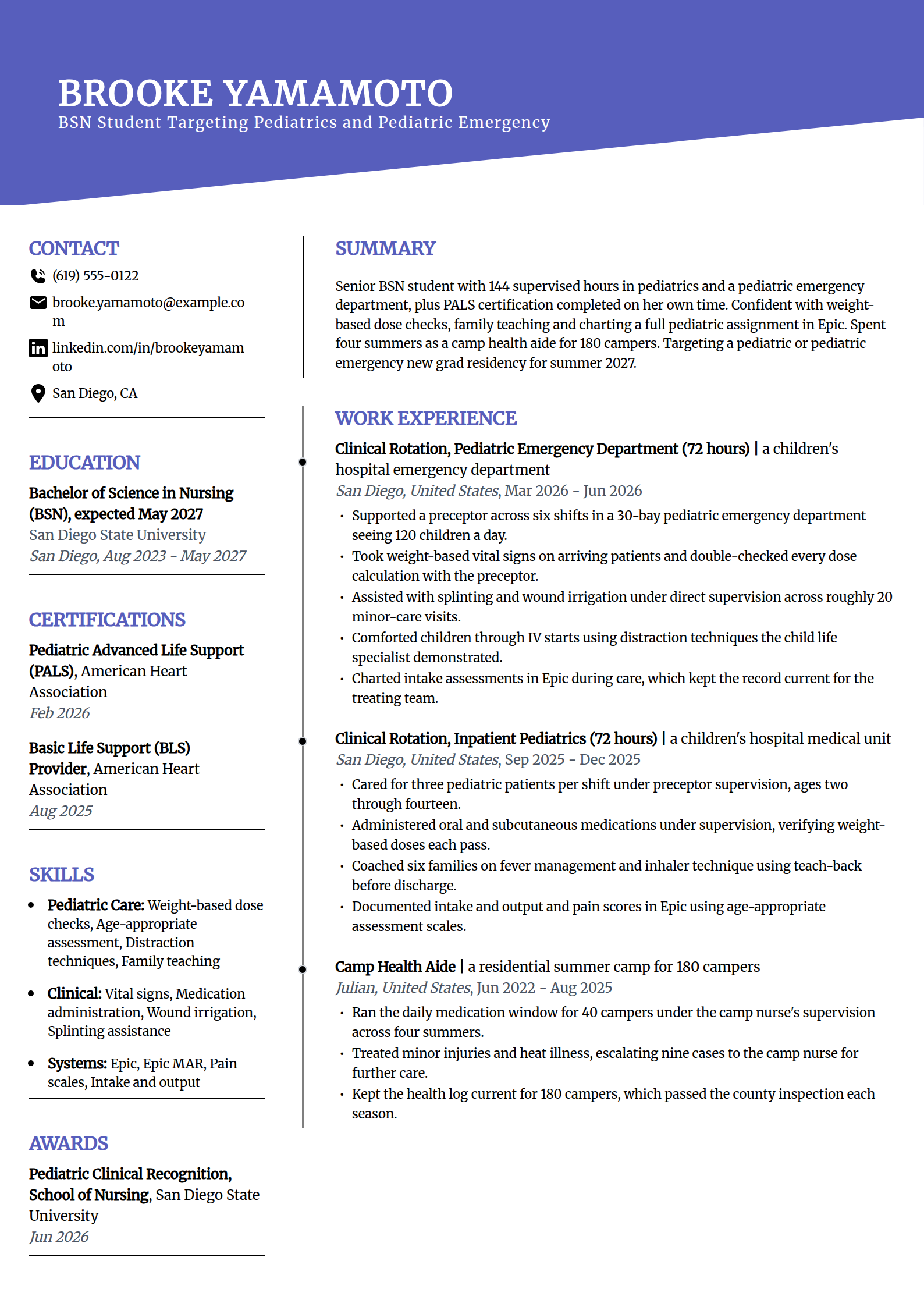 Nursing student targeting pediatrics and pediatric emergency resume example in the Orbit template