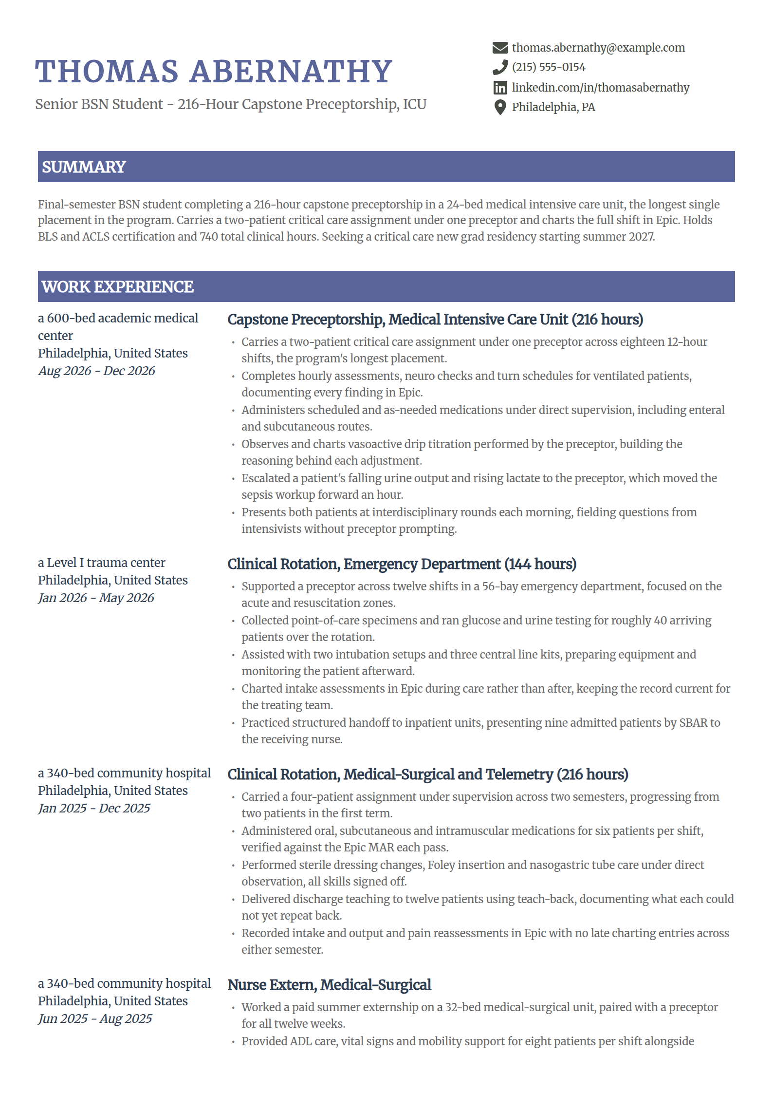 Senior practicum capstone preceptorship nursing student resume example in the Catalyst template