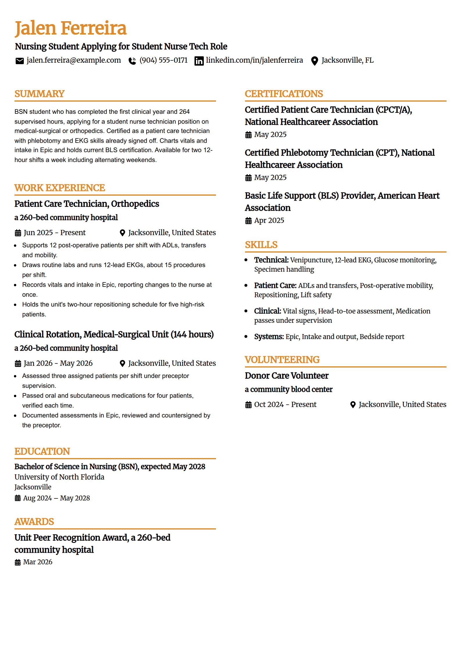 Student nurse technician and patient care technician resume example in the Professional Edge template