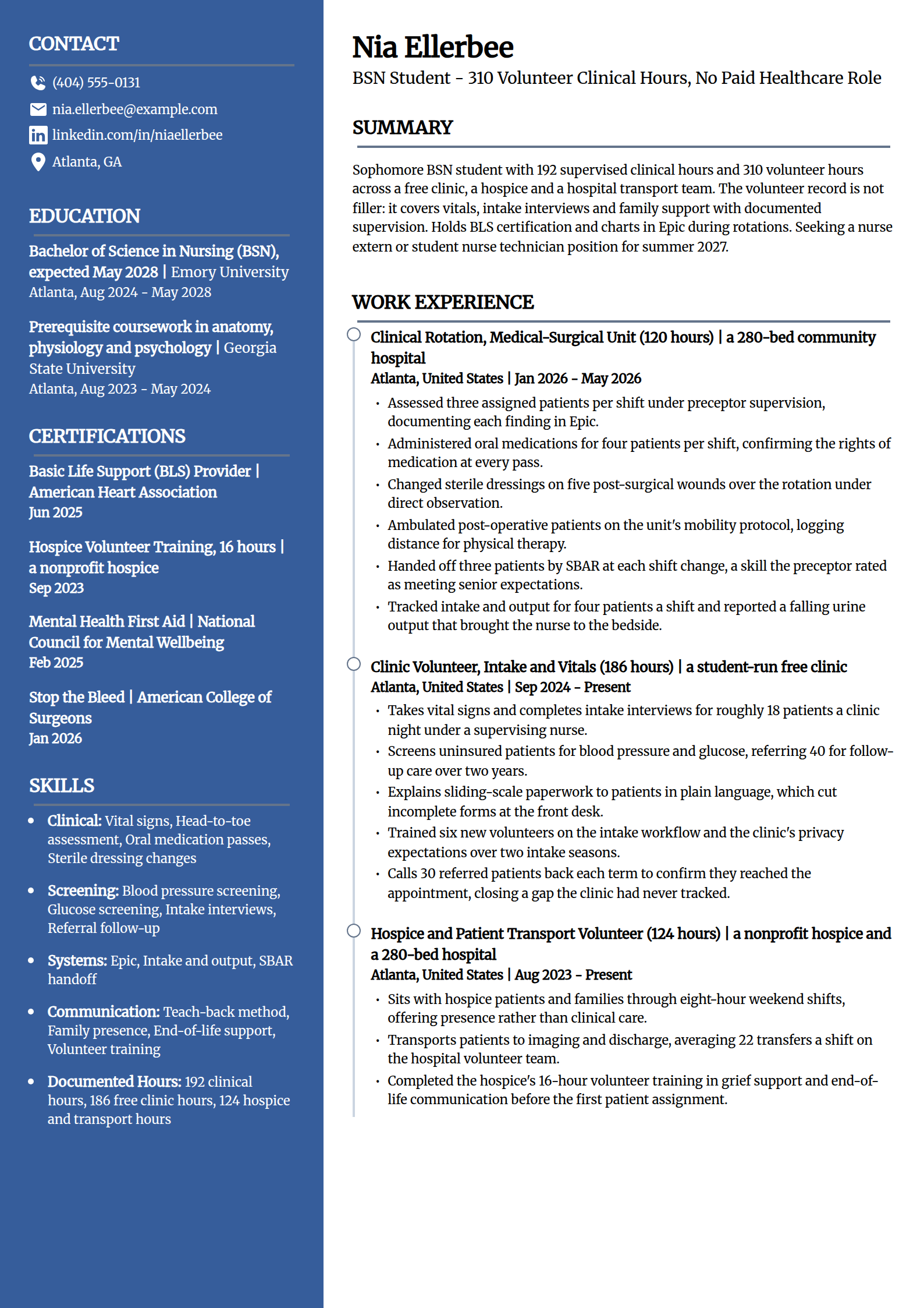 Nursing student with volunteer clinical hours resume example in the Creative template
