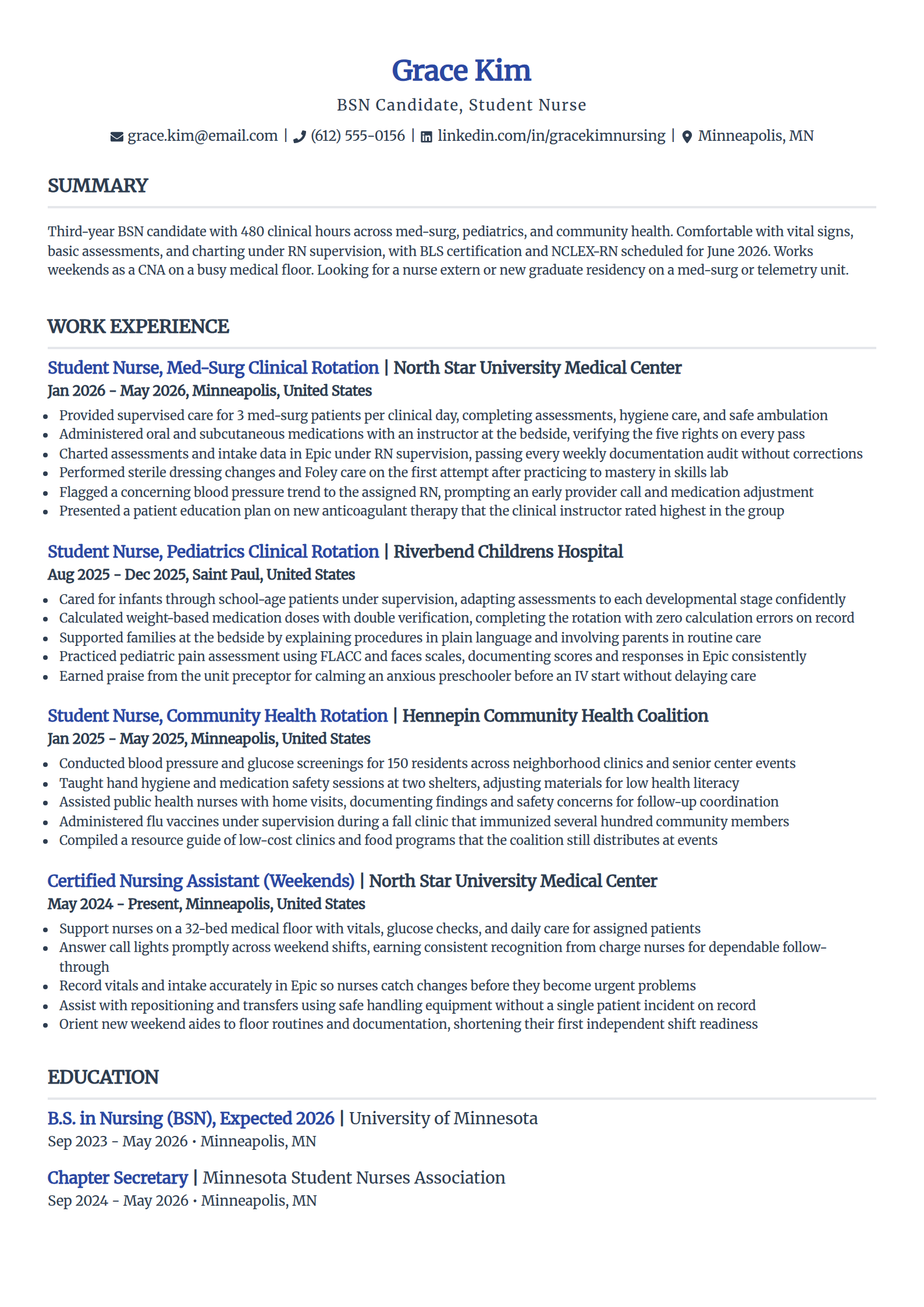Nursing student resume example in the Simple template