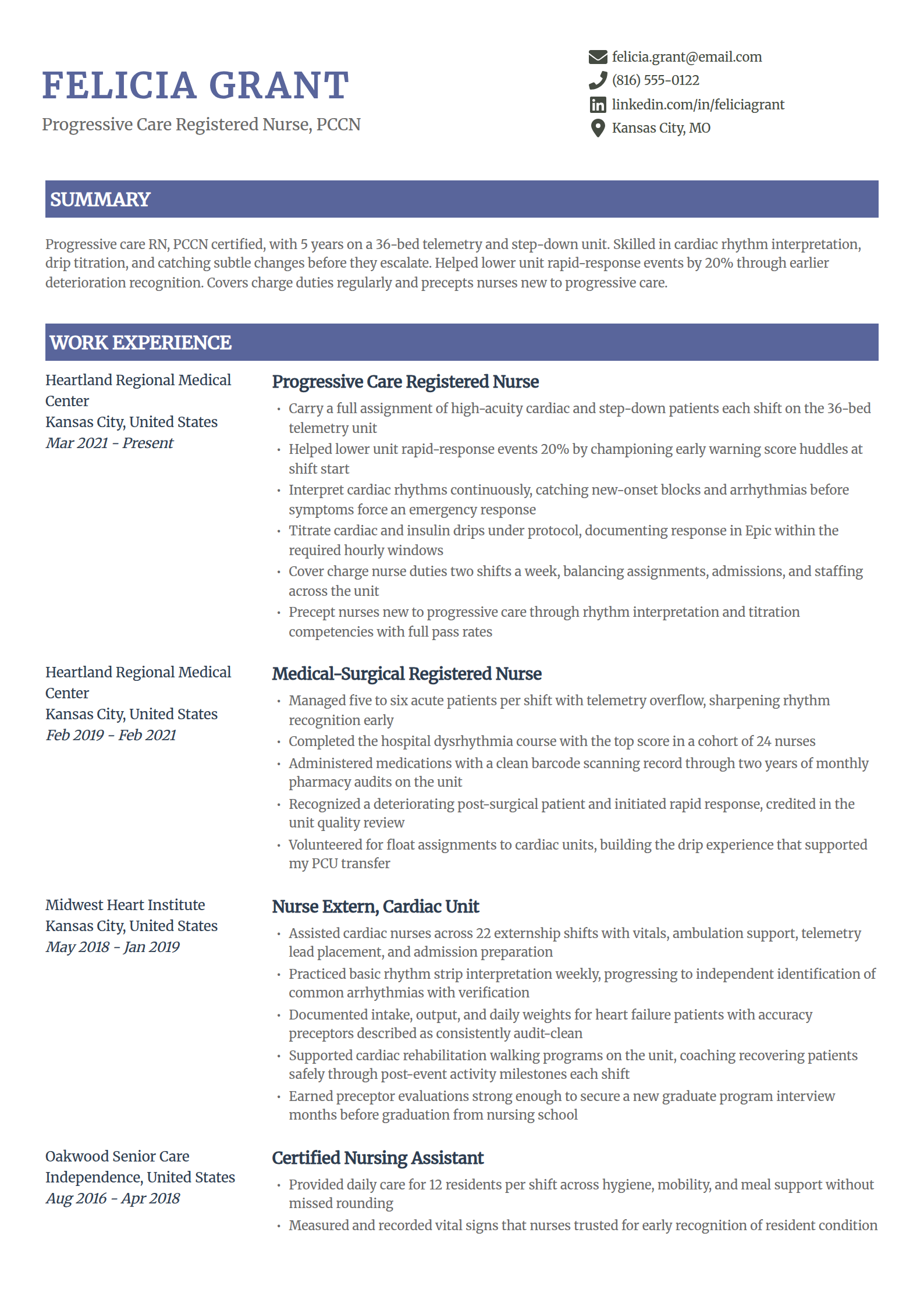 Telemetry progressive care nurse resume example in the Catalyst template