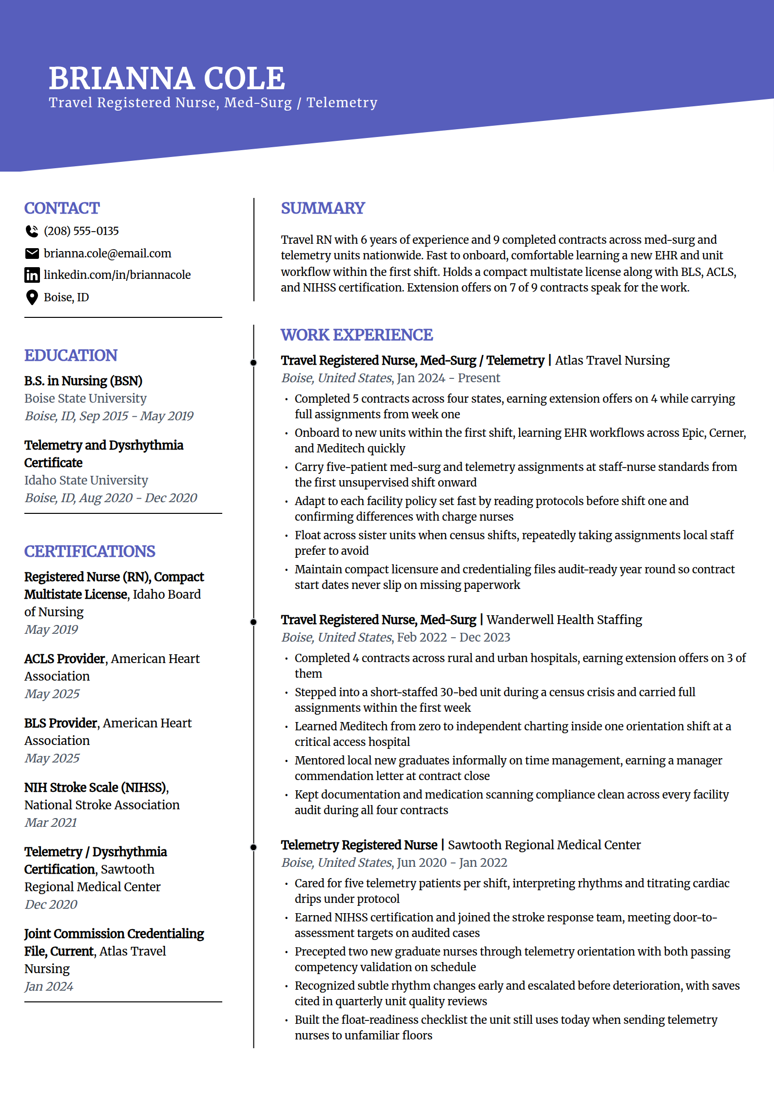 Travel nurse resume example in the Orbit template