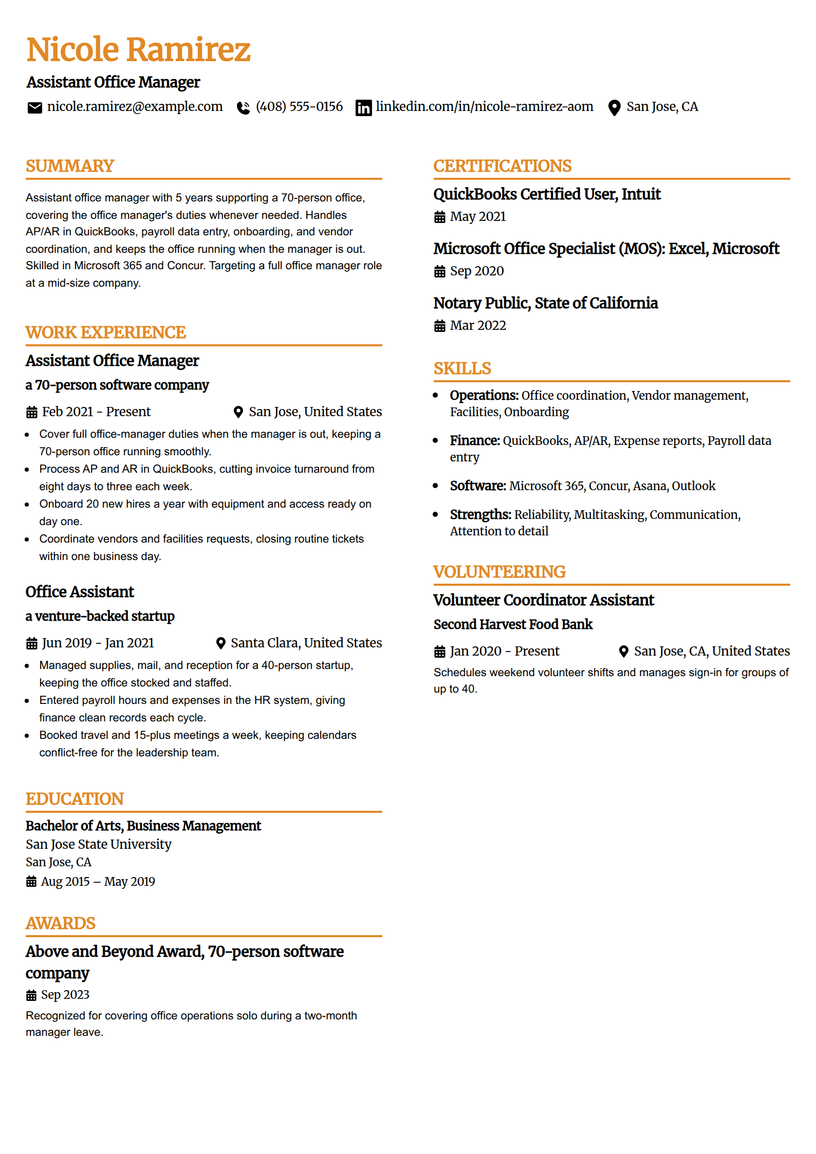 Assistant office manager resume example in the Professional Edge template