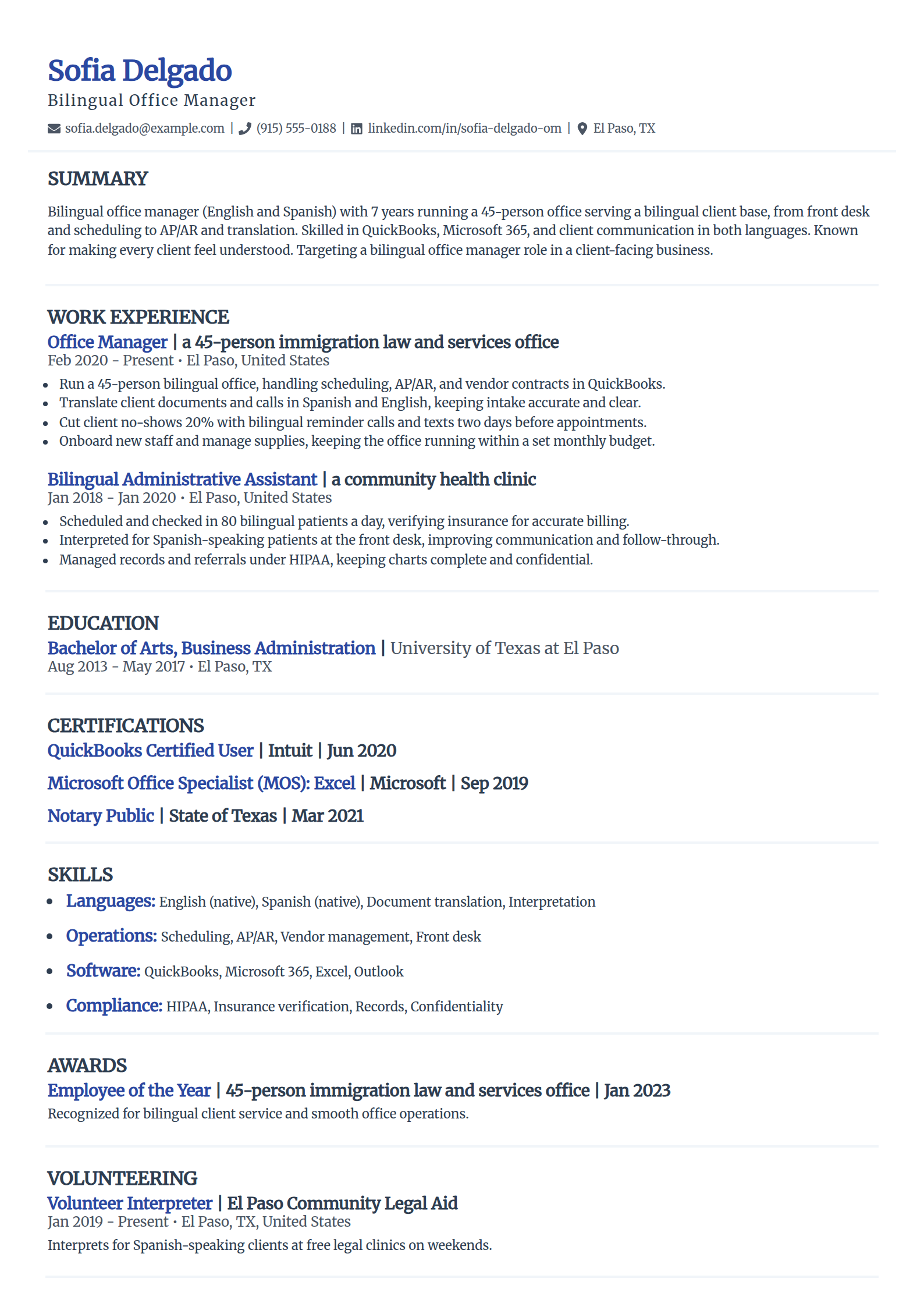 Bilingual office manager resume example in the Elegant template