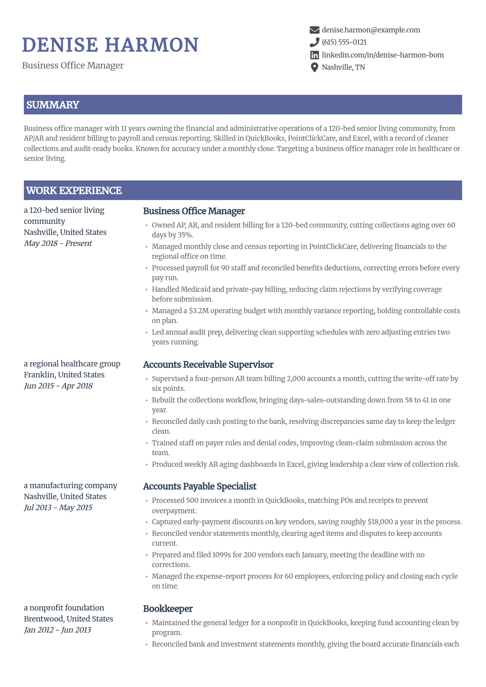 Business office manager resume example in the Catalyst template