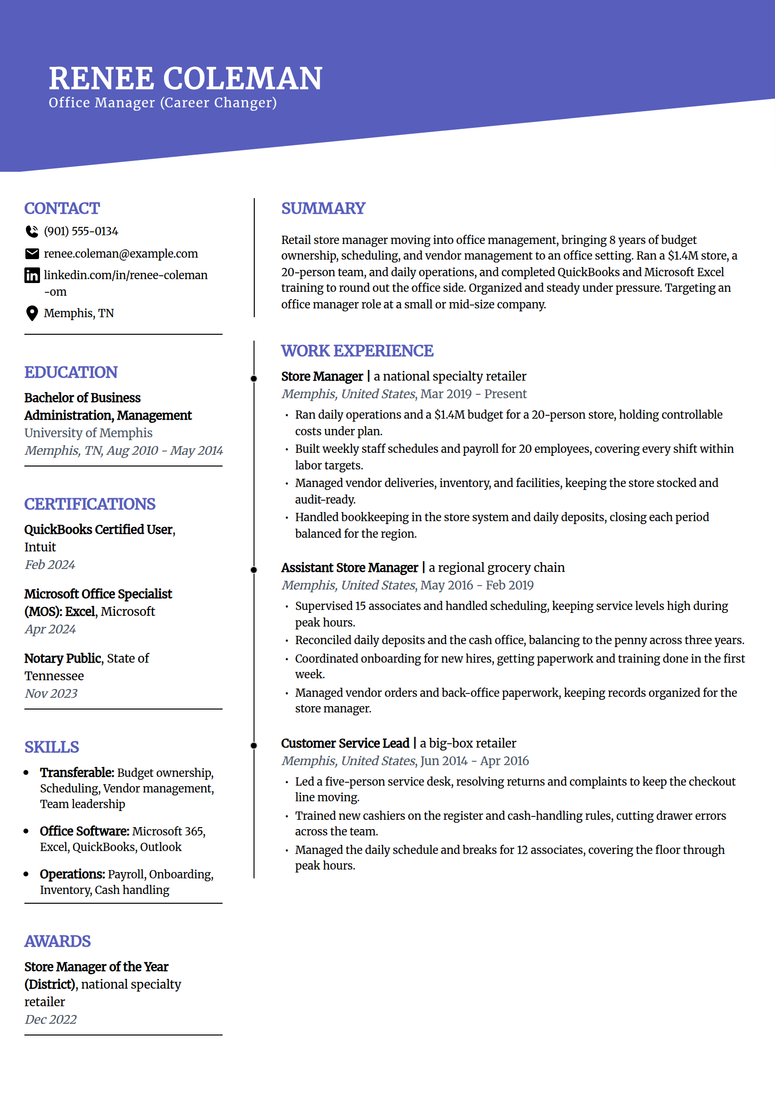 Career-change office manager resume example in the Orbit template