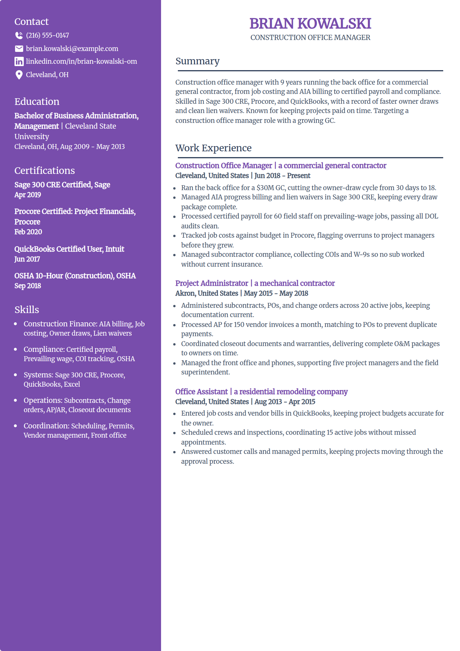 Construction office manager resume example in the Pioneer template