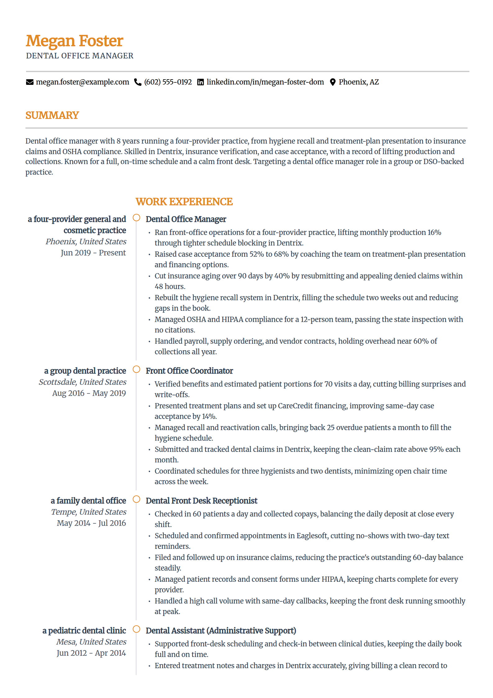Dental office manager resume example in the Zenith template