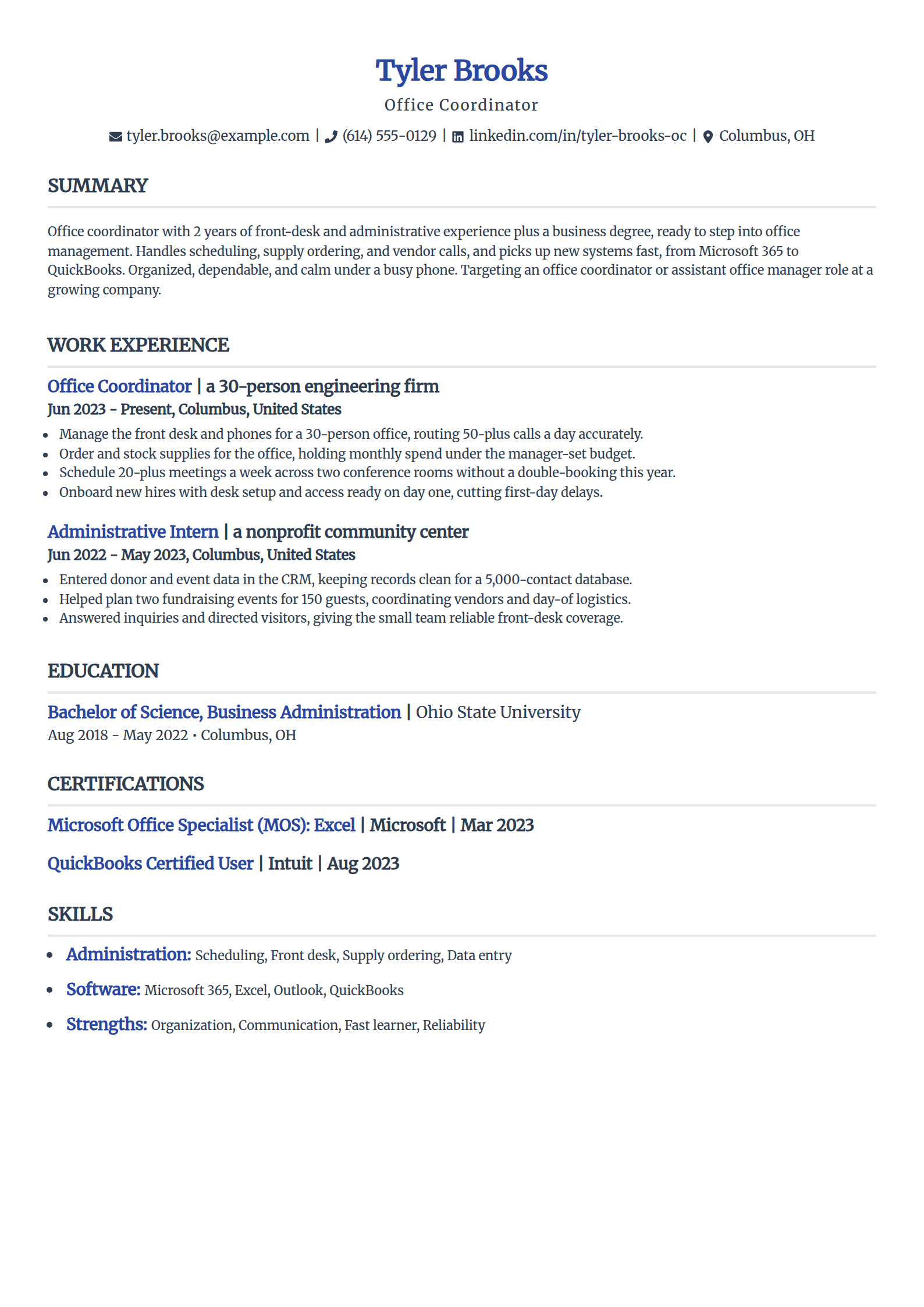 Entry-level office coordinator resume example in the Simple template