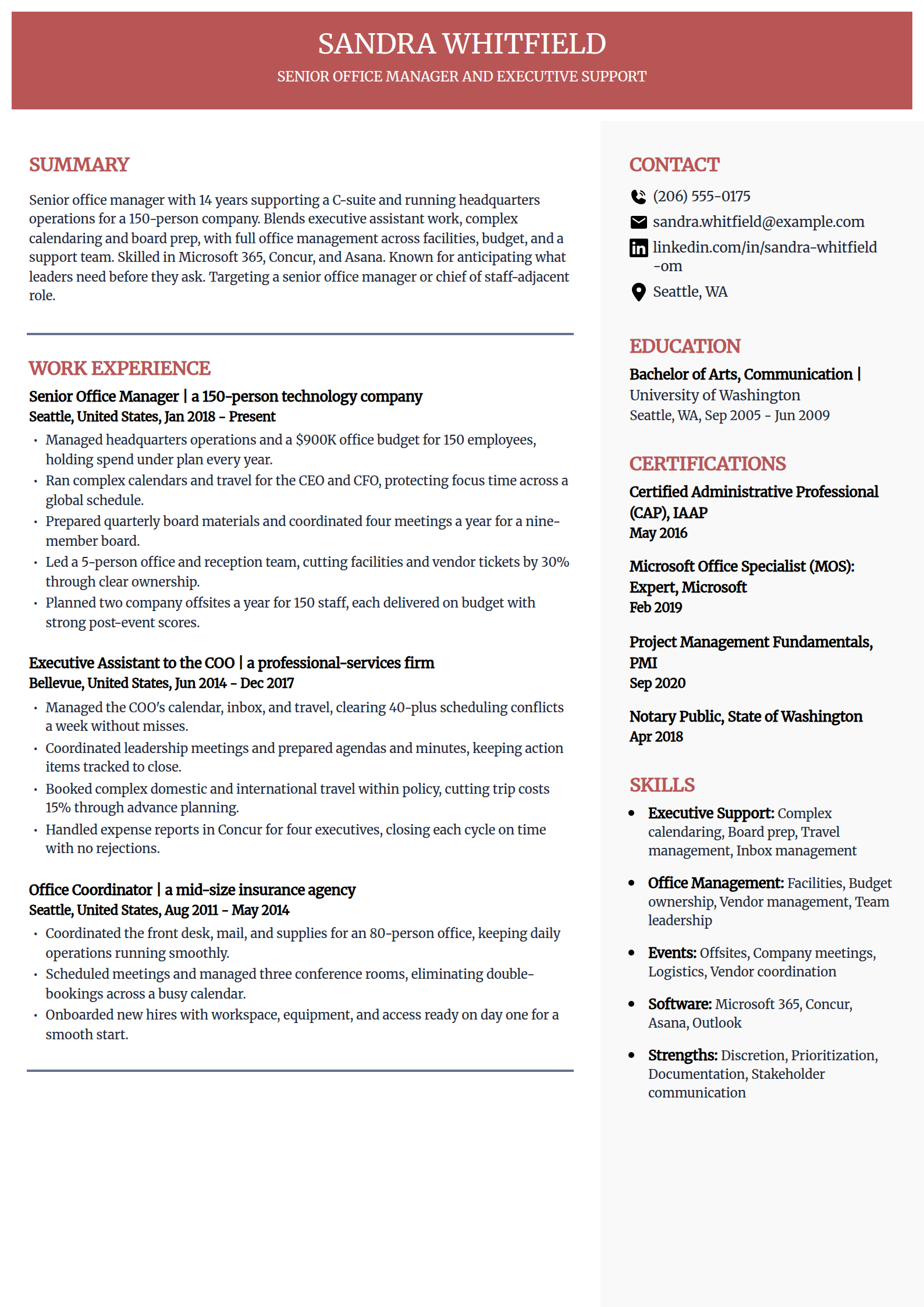 Senior office manager and executive support resume example in the Executive template