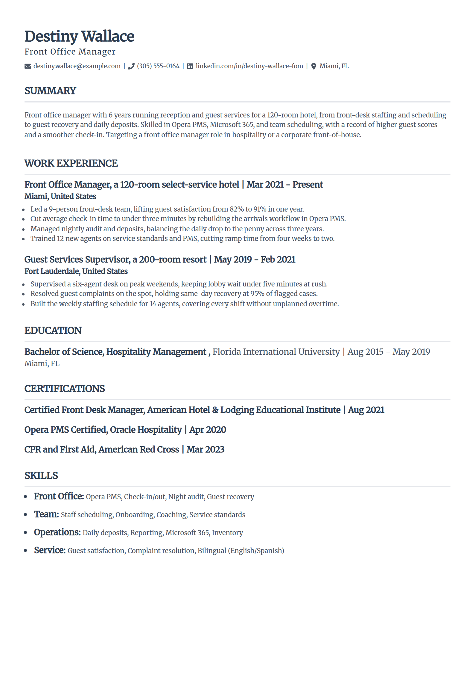 Front office manager resume example in the Classic template