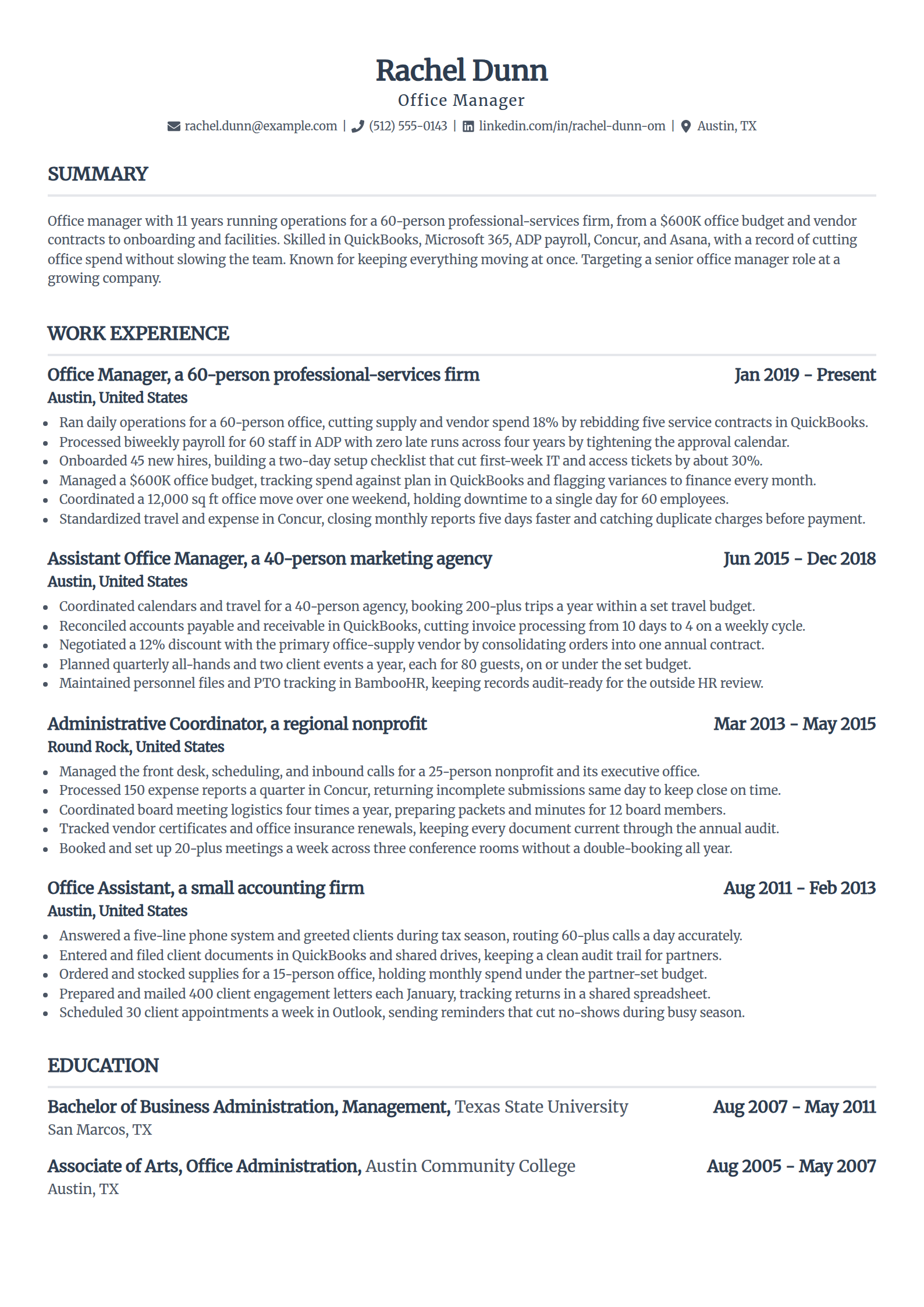 Experienced office manager resume example in the Standard template
