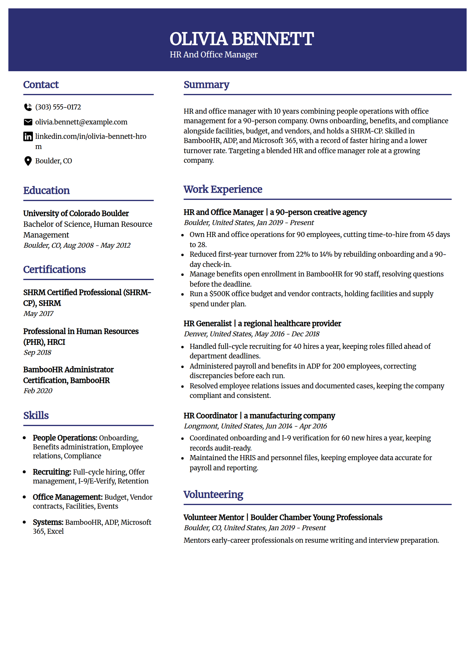 HR and office manager hybrid resume example in the Visionary template