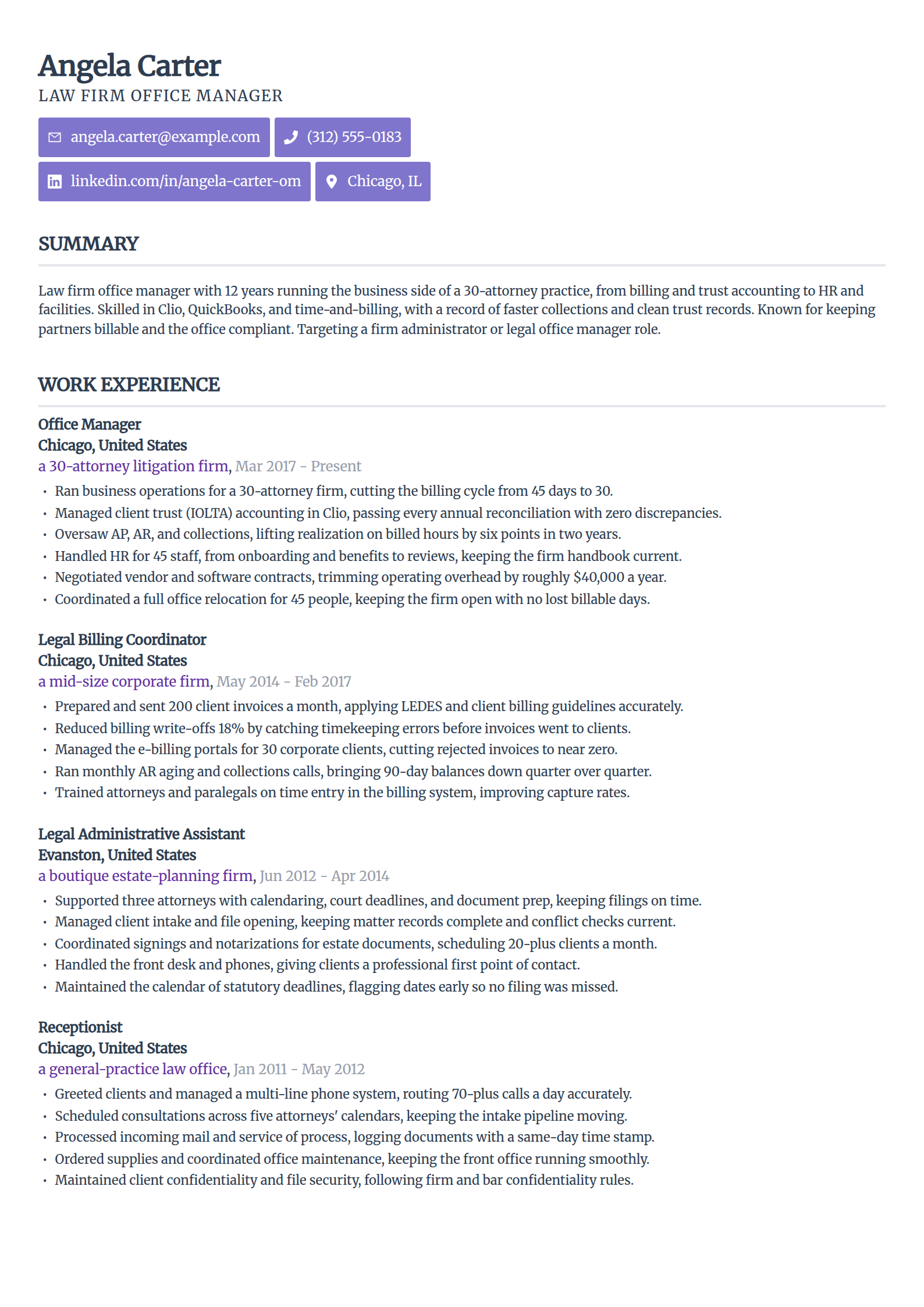 Law firm office manager resume example in the Sleek Framework template