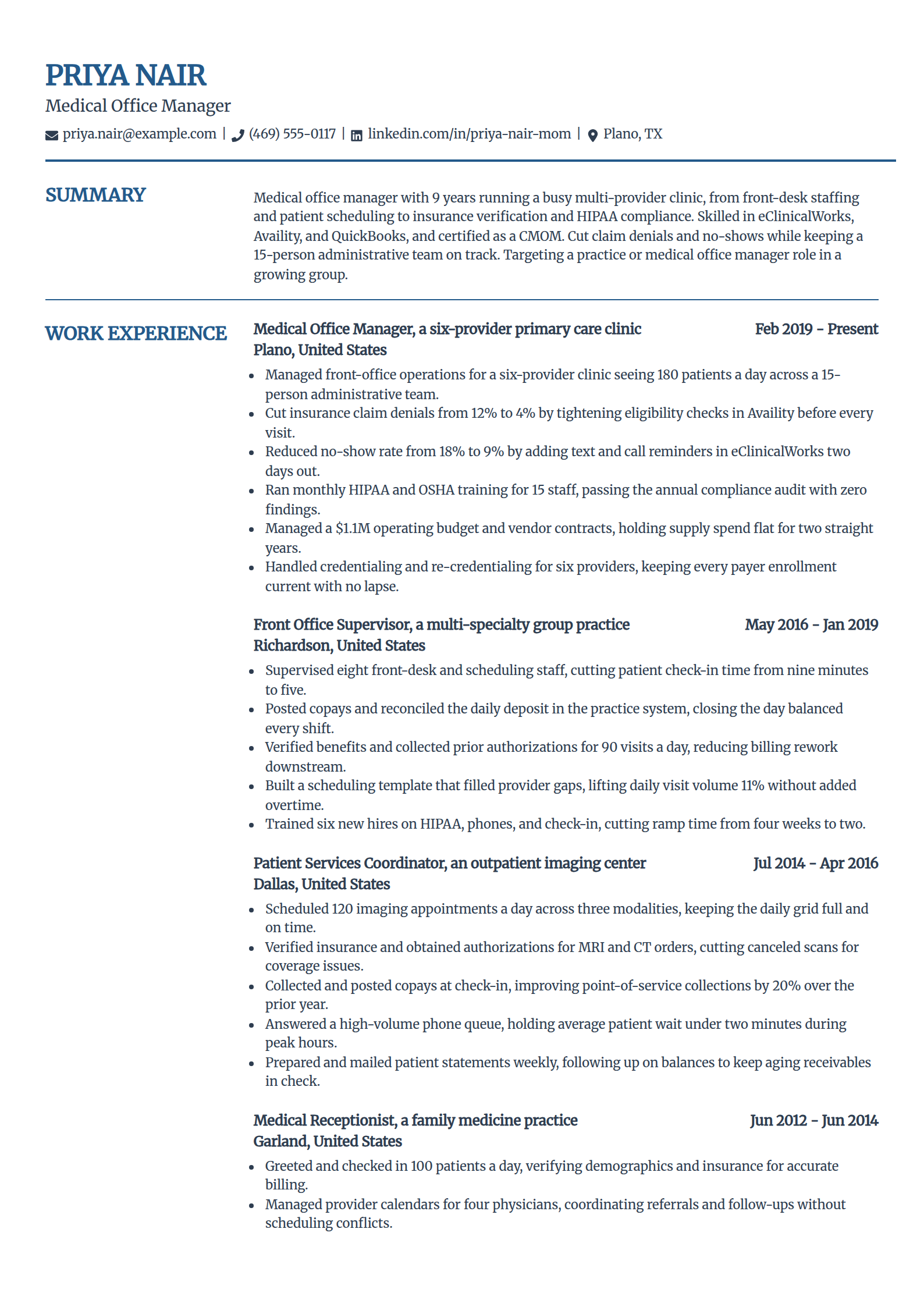 Medical office manager resume example in the Craft template