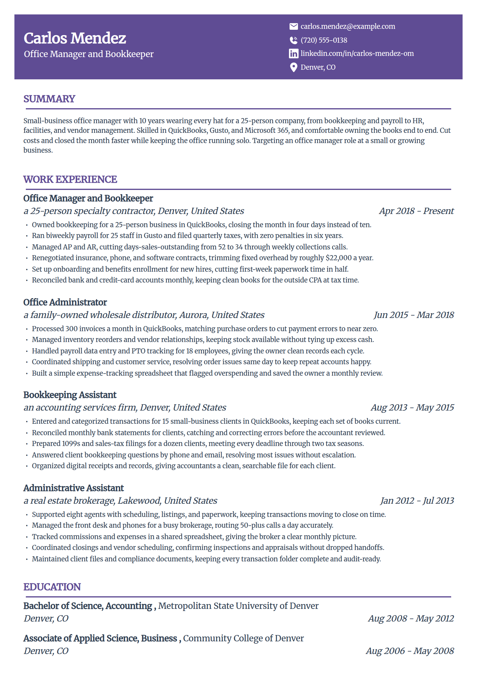 Small-business office manager resume example in the Panorama template
