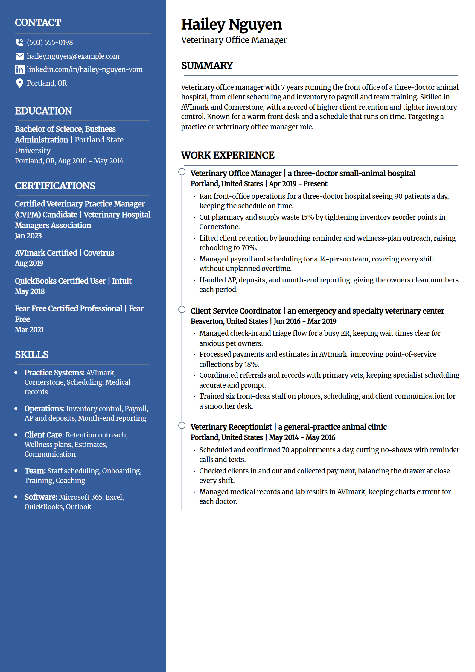 Veterinary office manager resume example in the Creative template