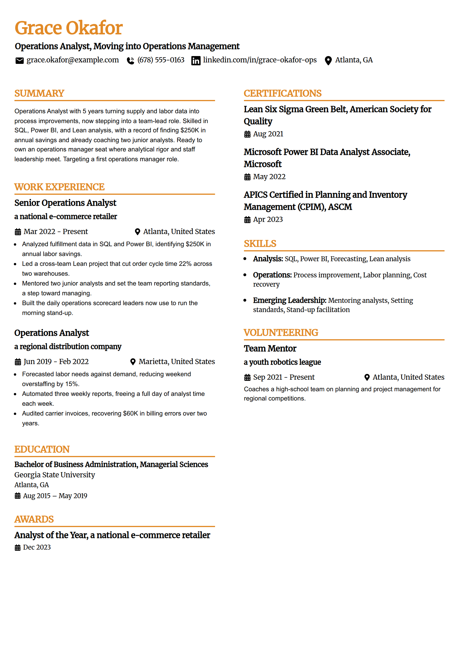 Operations analyst moving into management resume example in the Professional Edge template