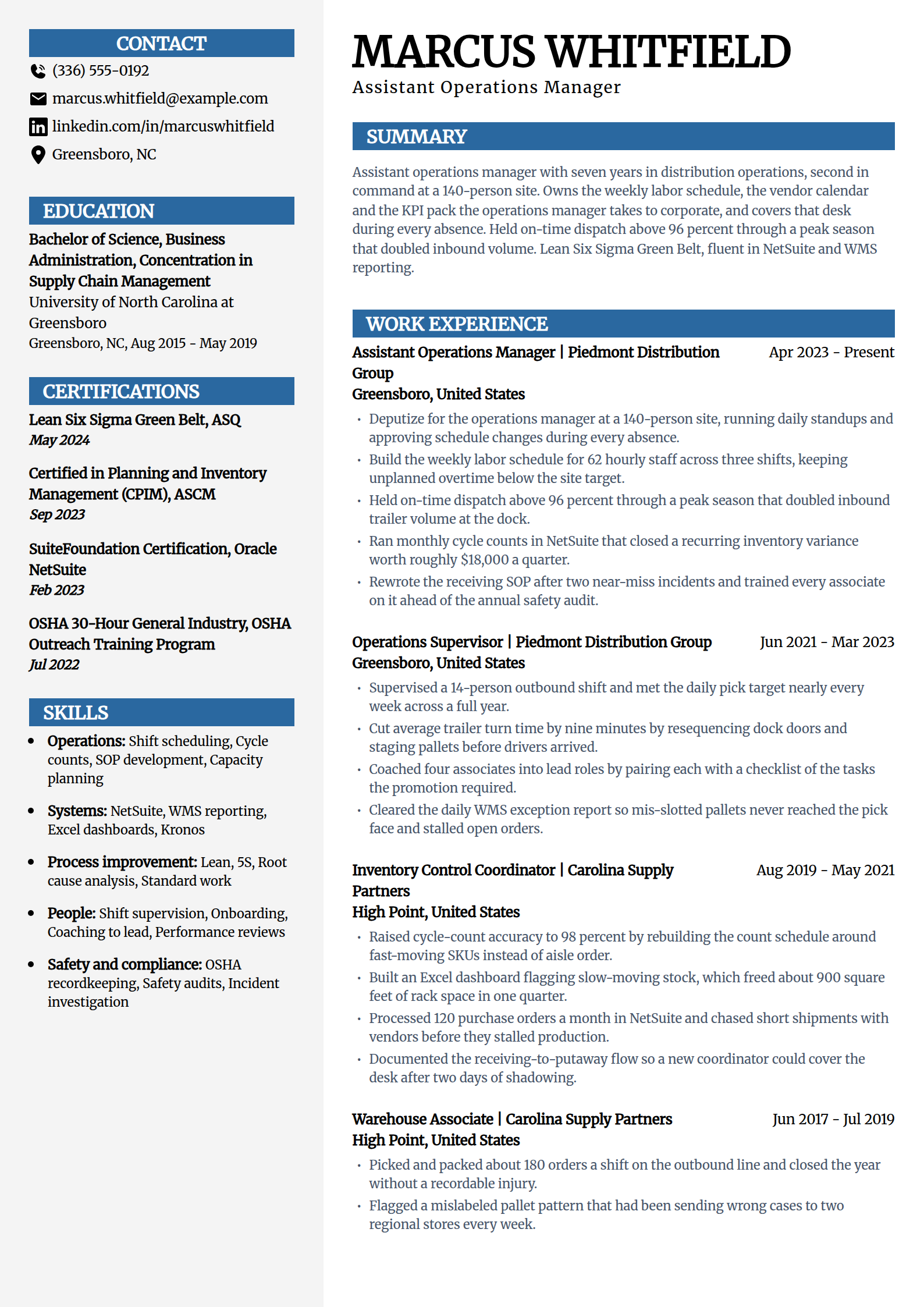 Assistant operations manager resume example in the Mosaic template