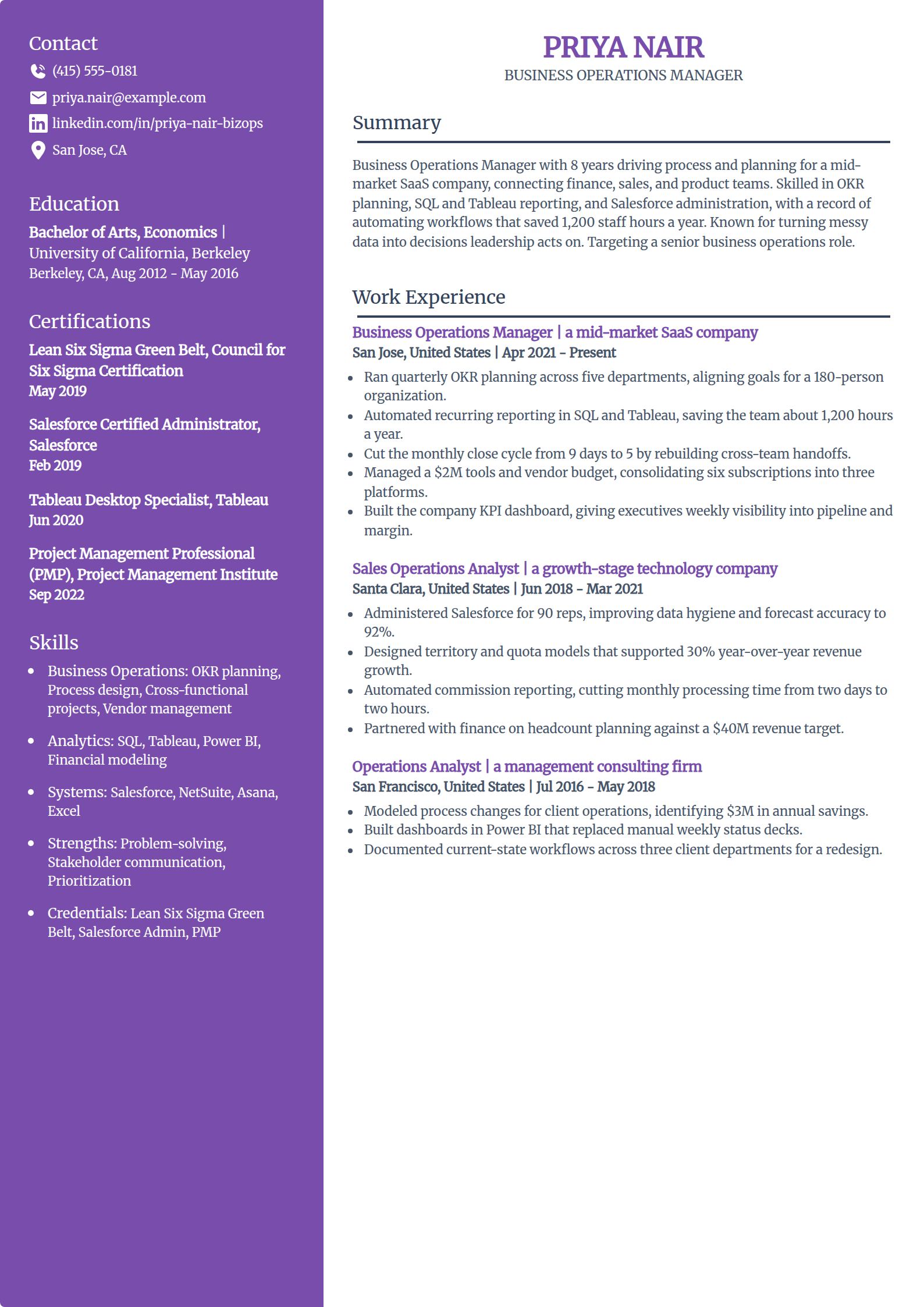 Business operations manager resume example in the Pioneer template
