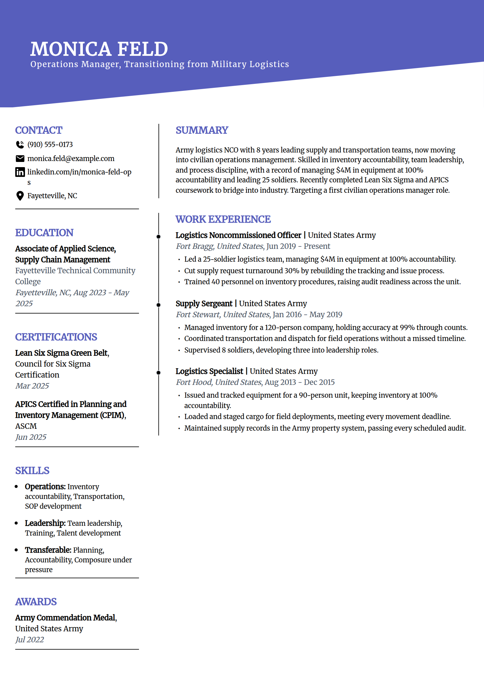 Career-change operations manager resume example in the Orbit template