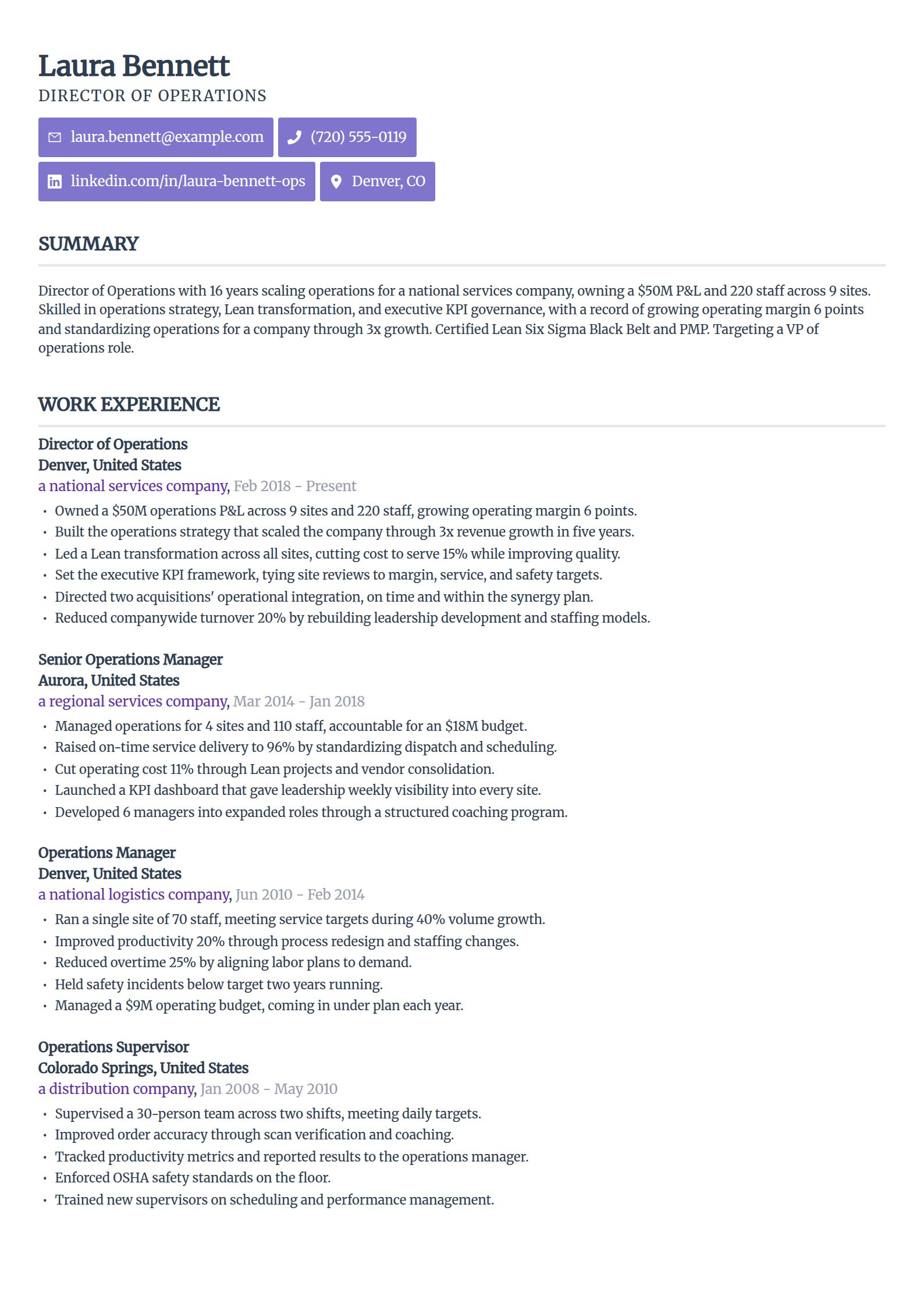 Director of operations resume example in the Sleek Framework template