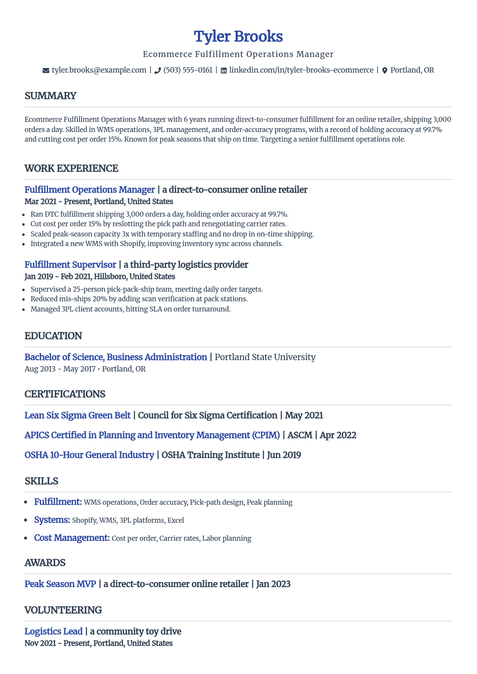 Ecommerce and fulfillment operations manager resume example in the Simple template