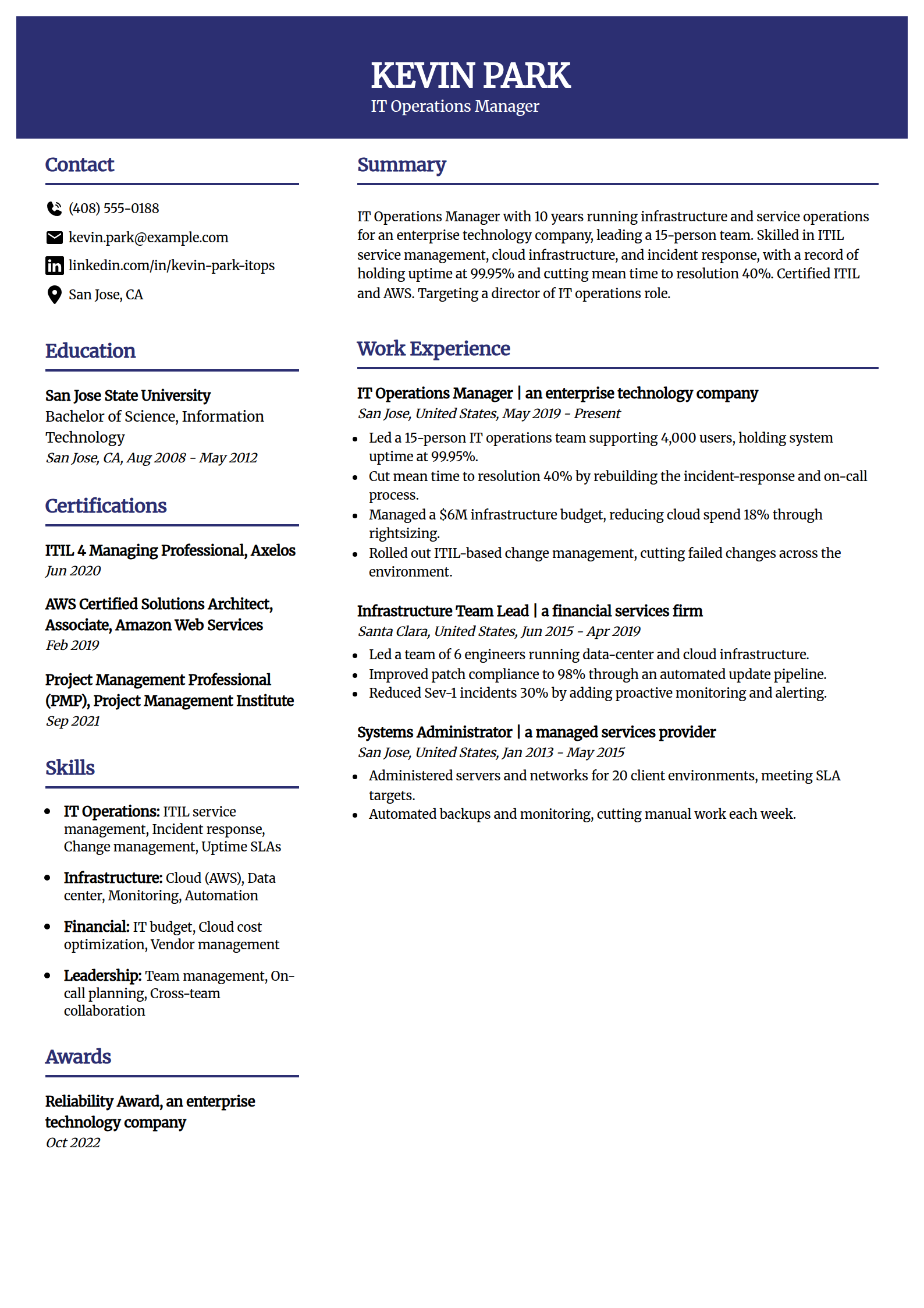 IT and technical operations manager resume example in the Visionary template