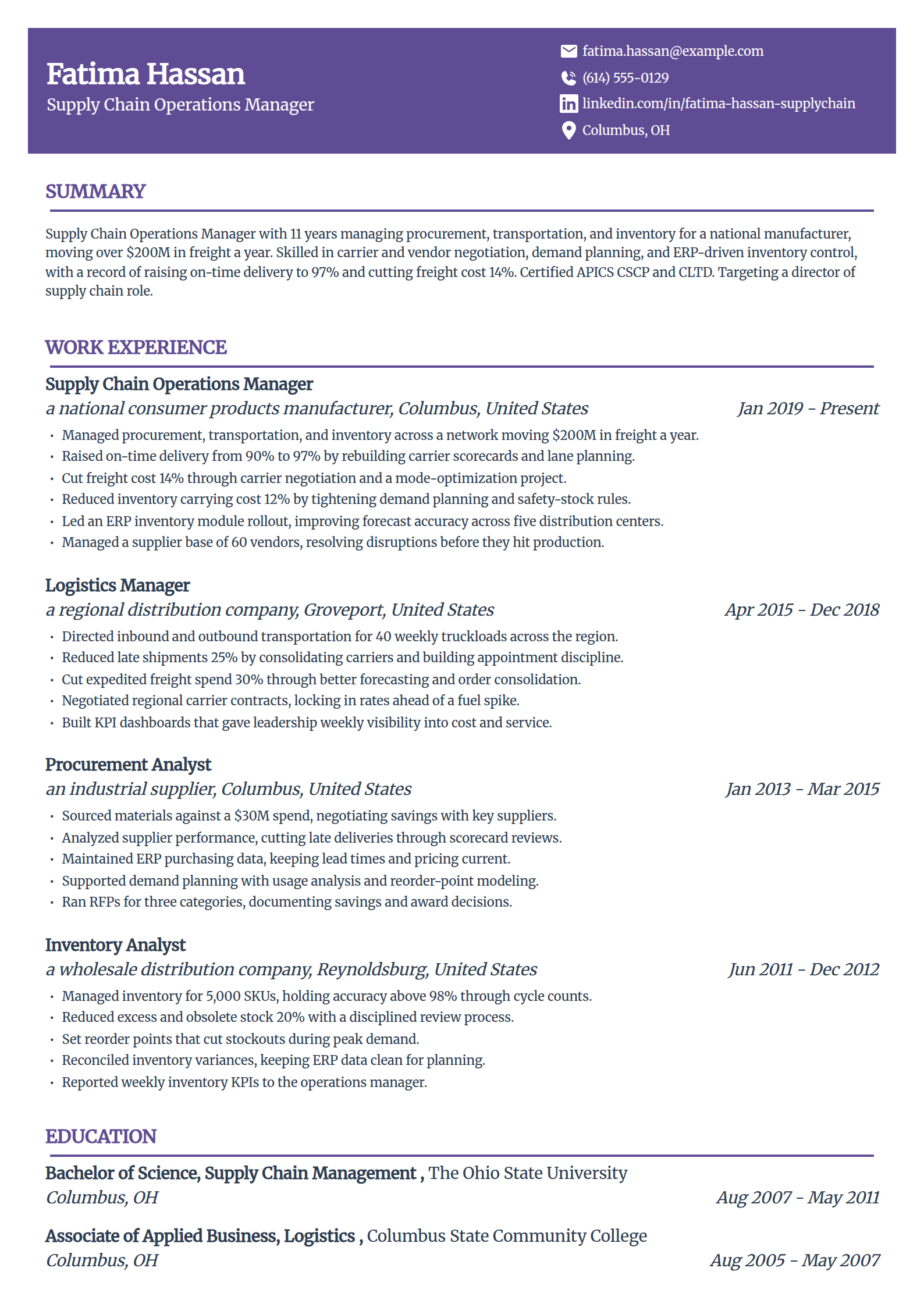 Logistics and supply chain operations manager resume example in the Panorama template