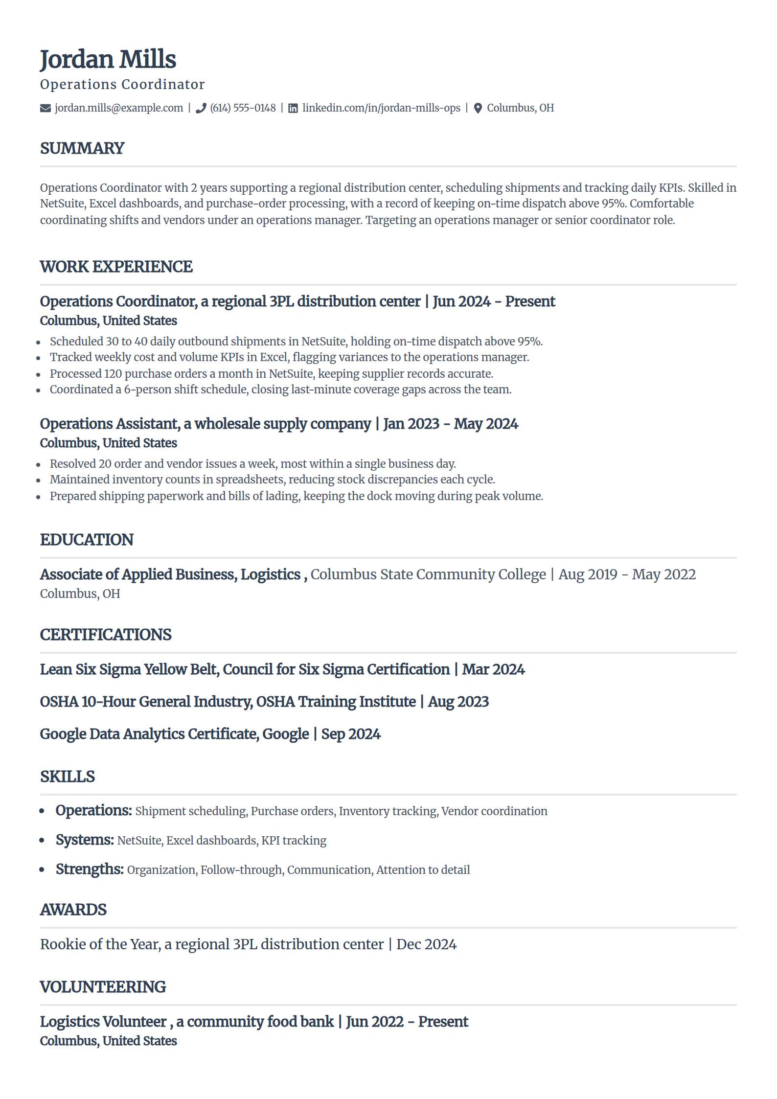 Operations coordinator resume example in the Classic template