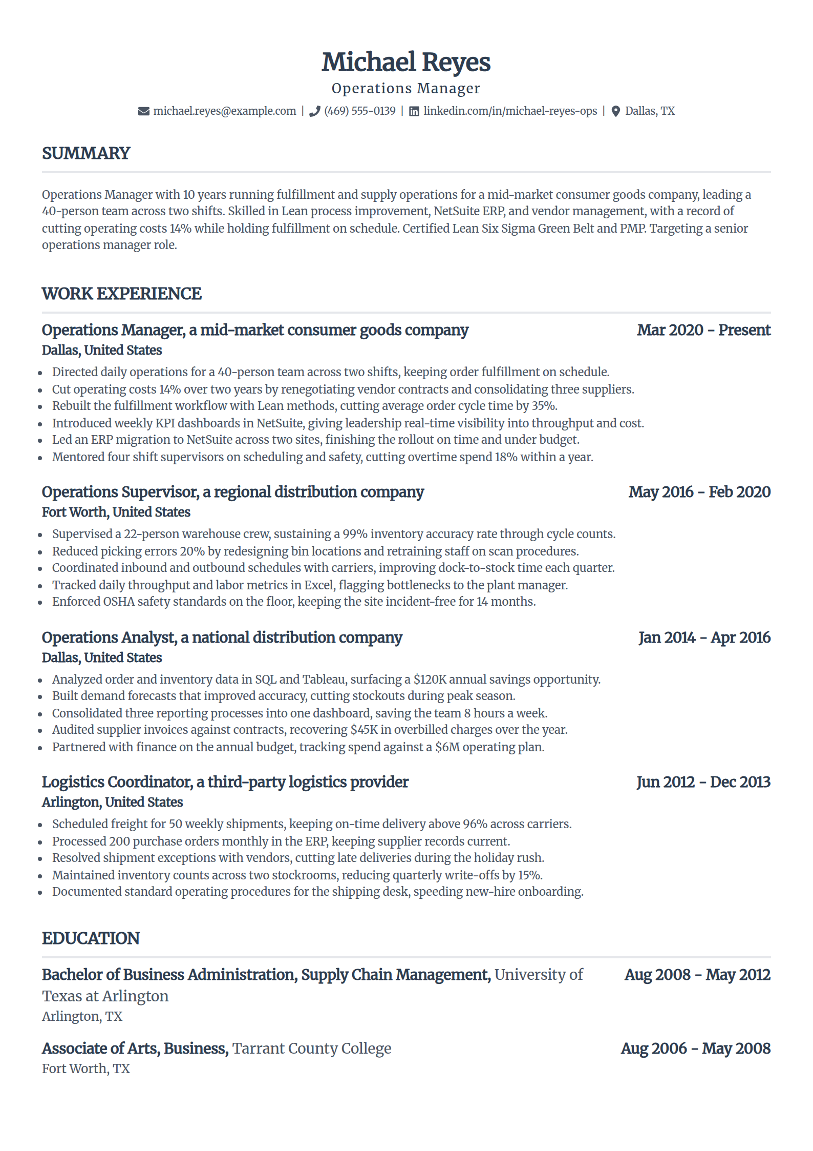 Operations manager resume example in the Standard template
