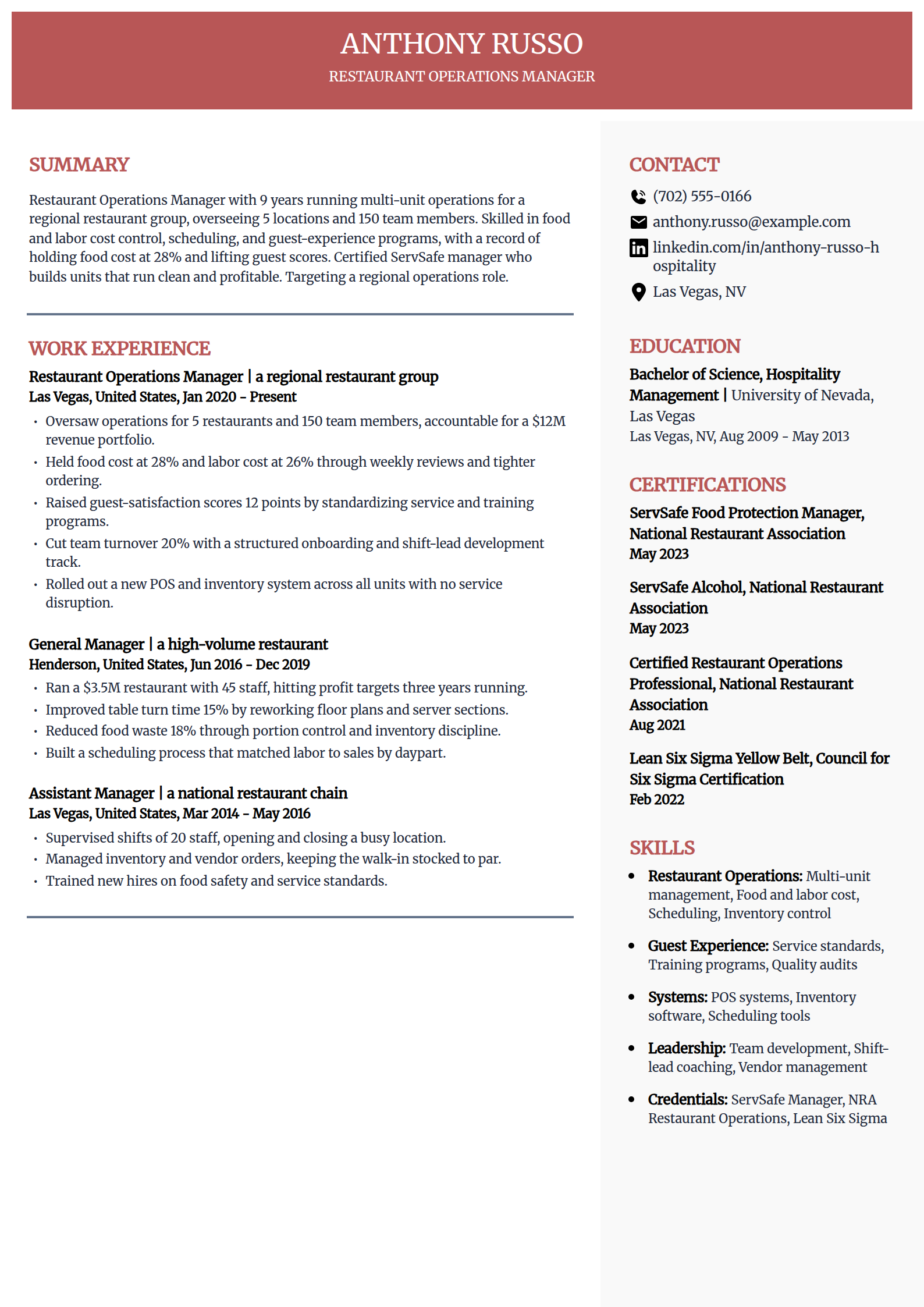 Restaurant and hospitality operations manager resume example in the Executive template