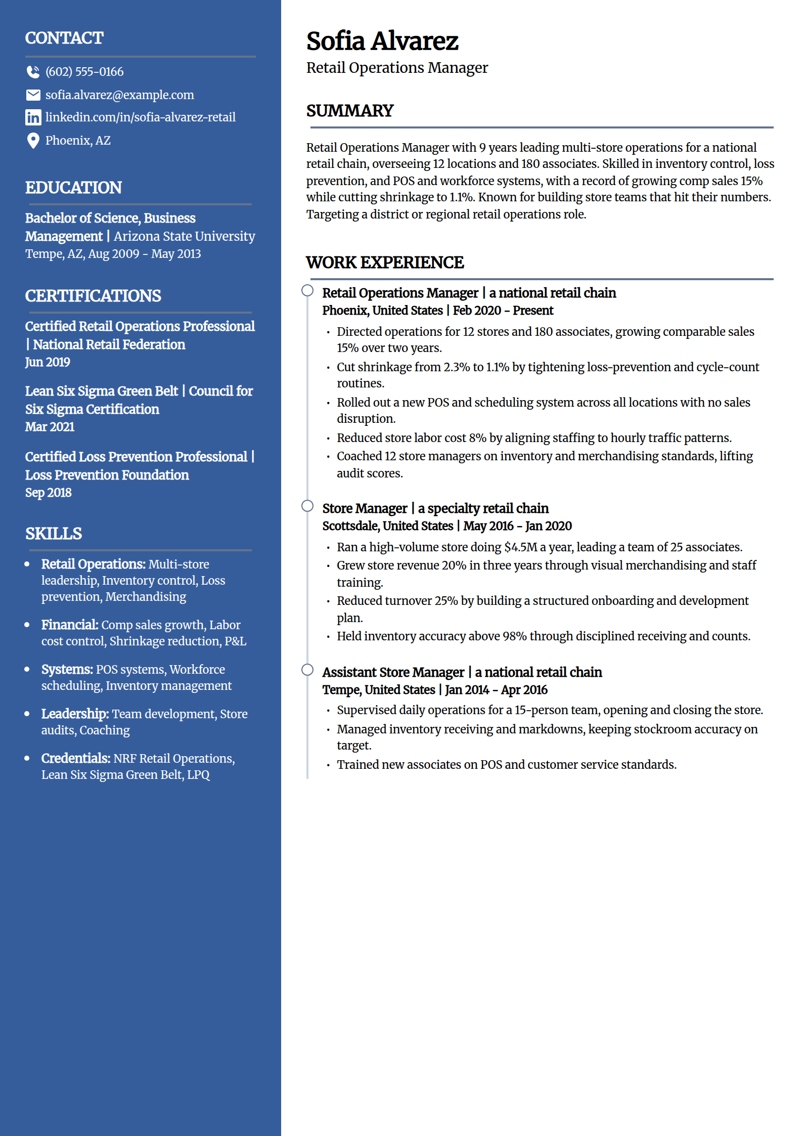 Retail operations manager resume example in the Creative template