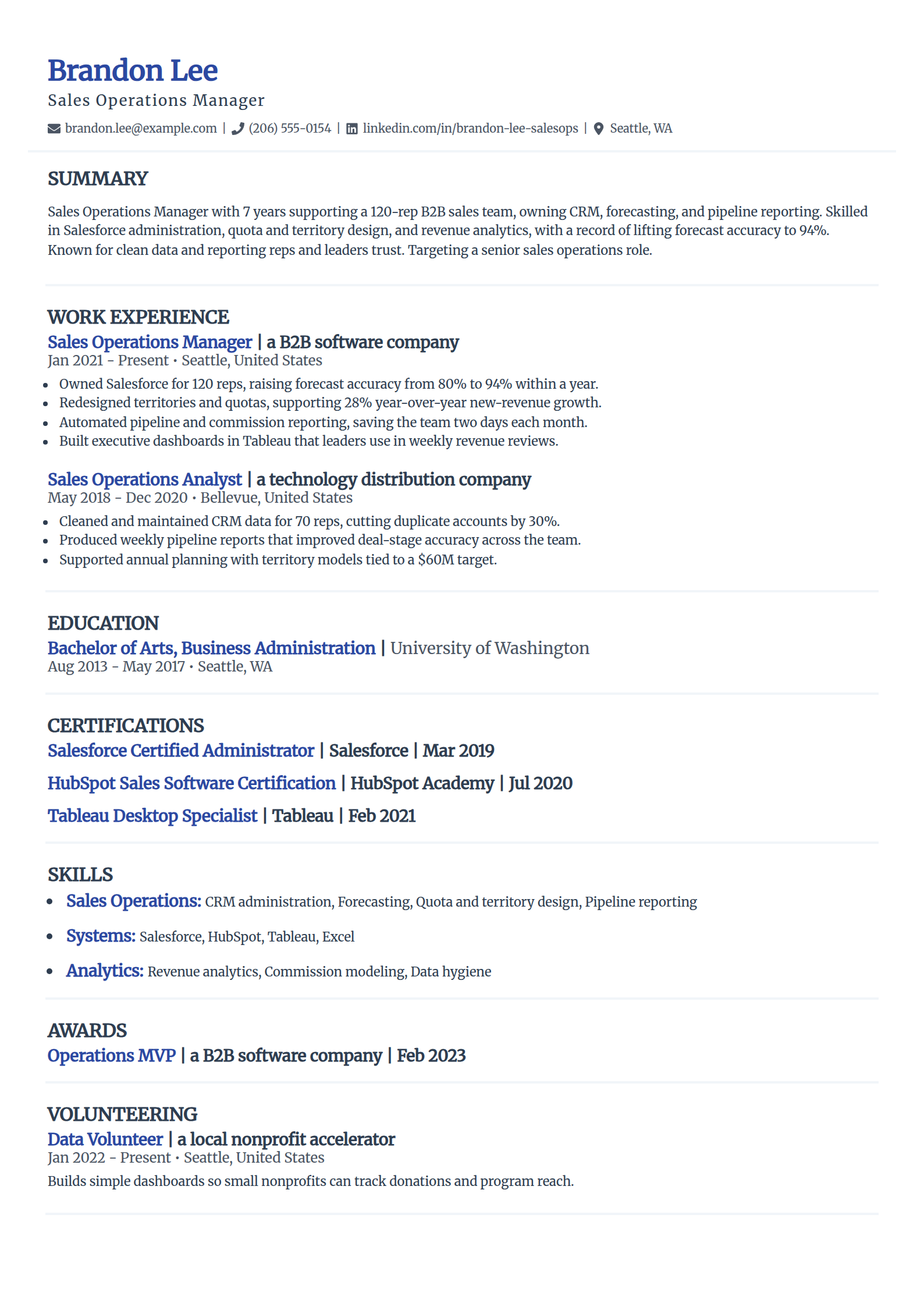 Sales operations manager resume example in the Elegant template