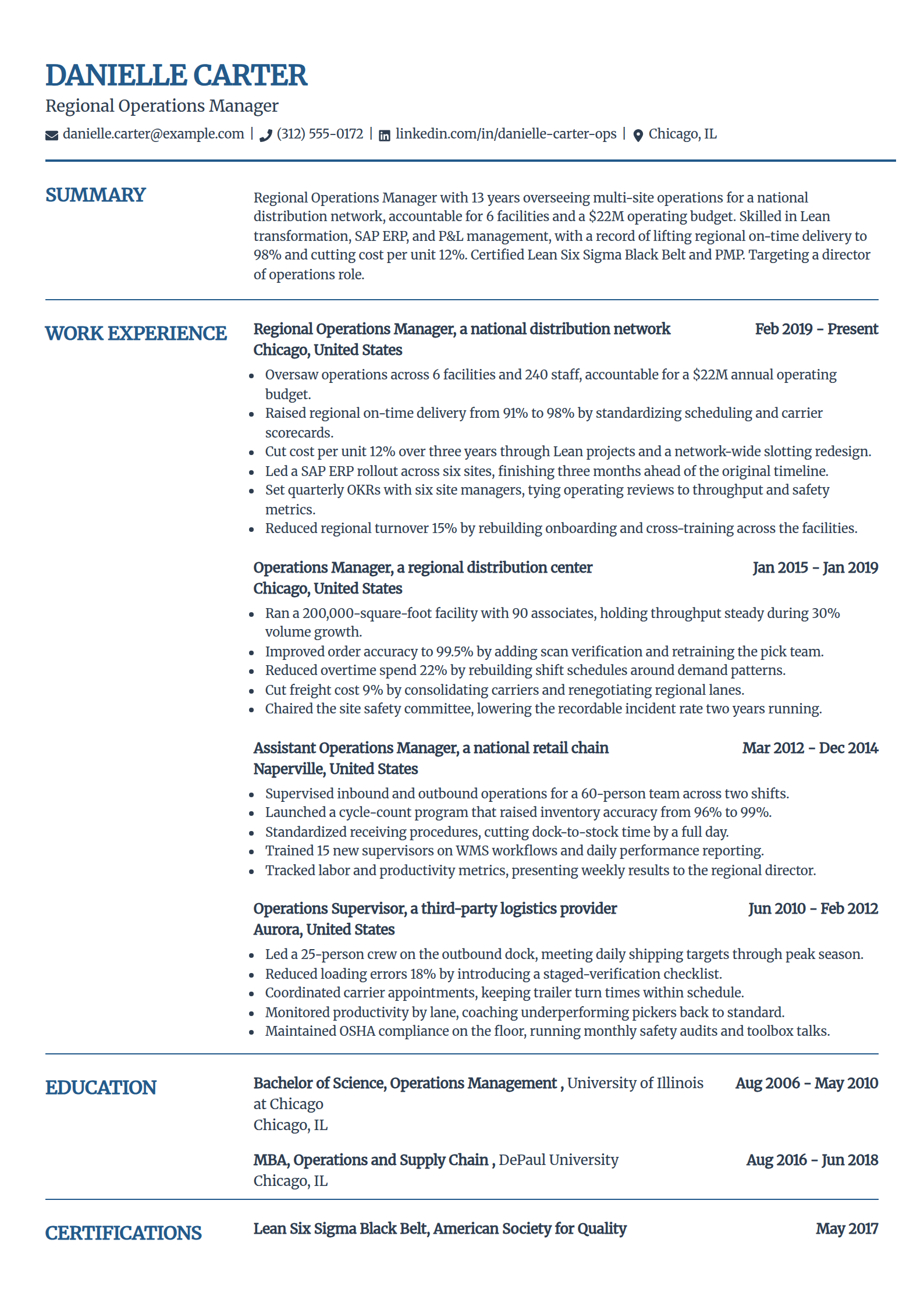 Senior and regional operations manager resume example in the Craft template