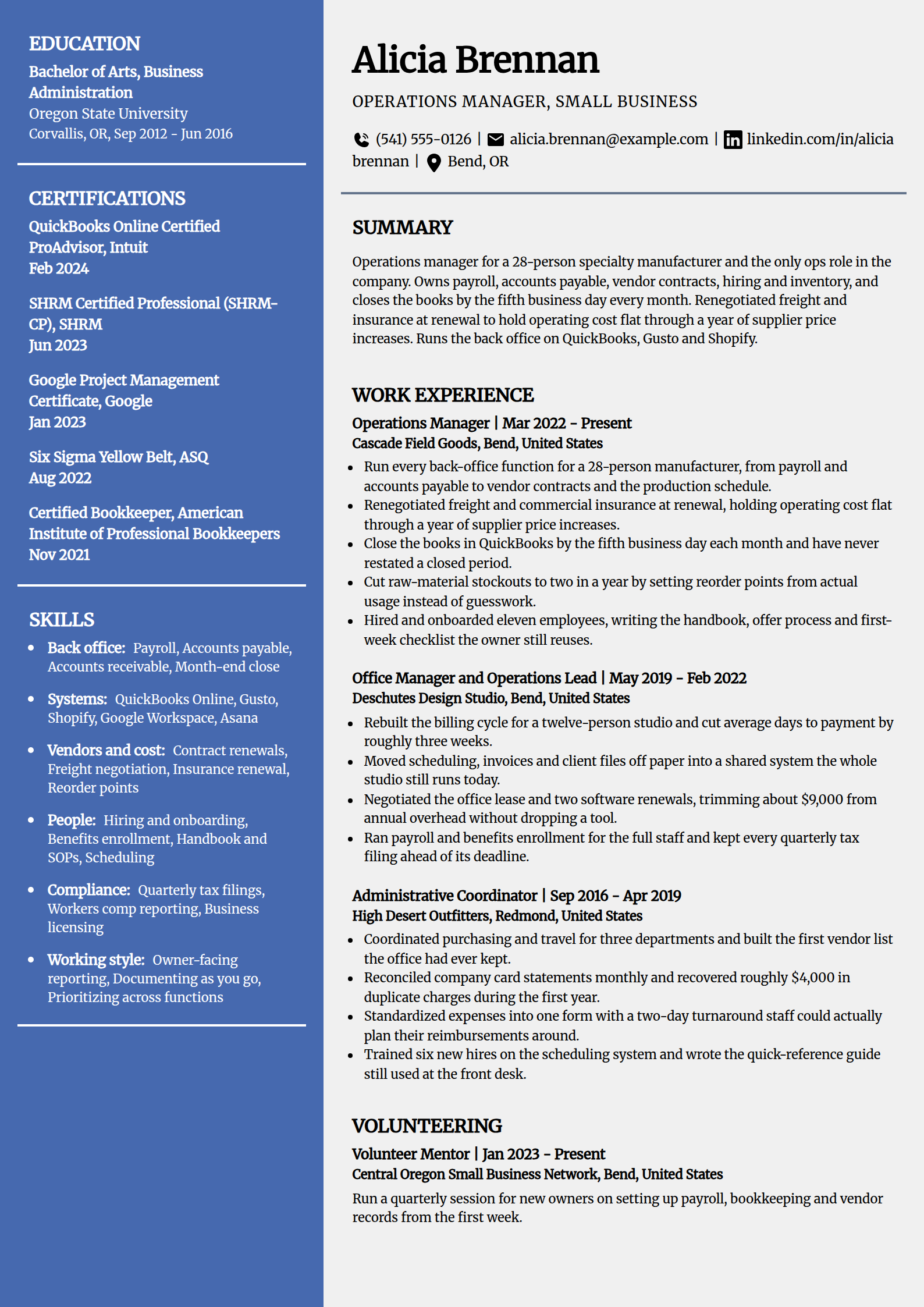Small-business operations manager resume example in the Innovative template