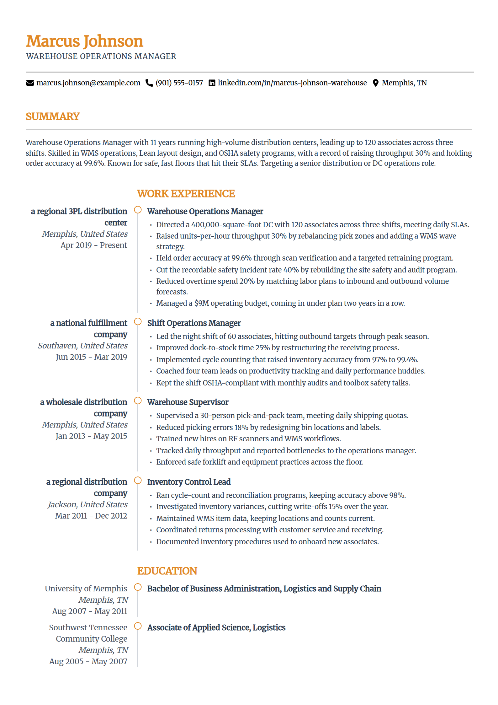 Warehouse operations manager resume example in the Zenith template