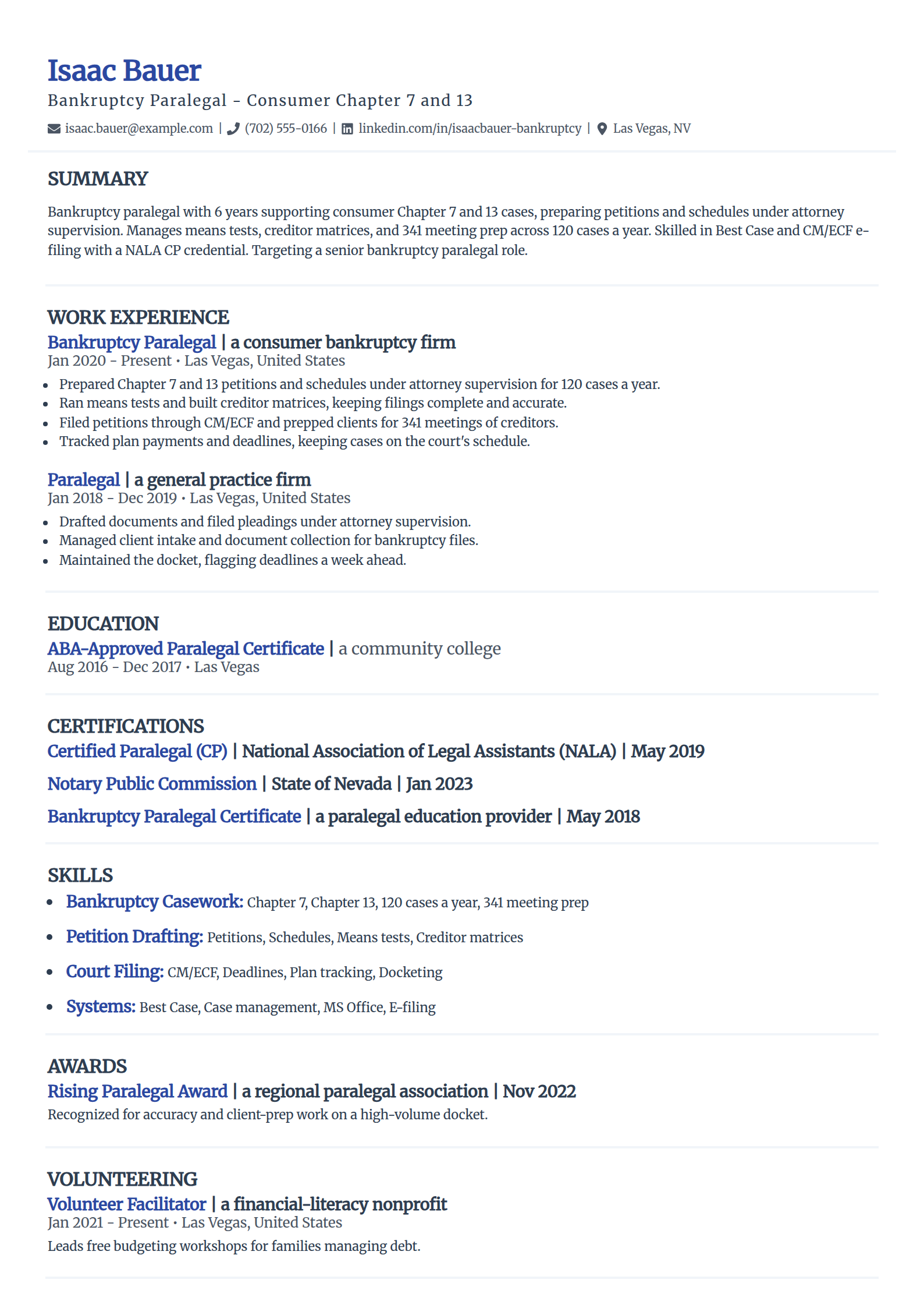 Bankruptcy paralegal resume example in the Elegant template