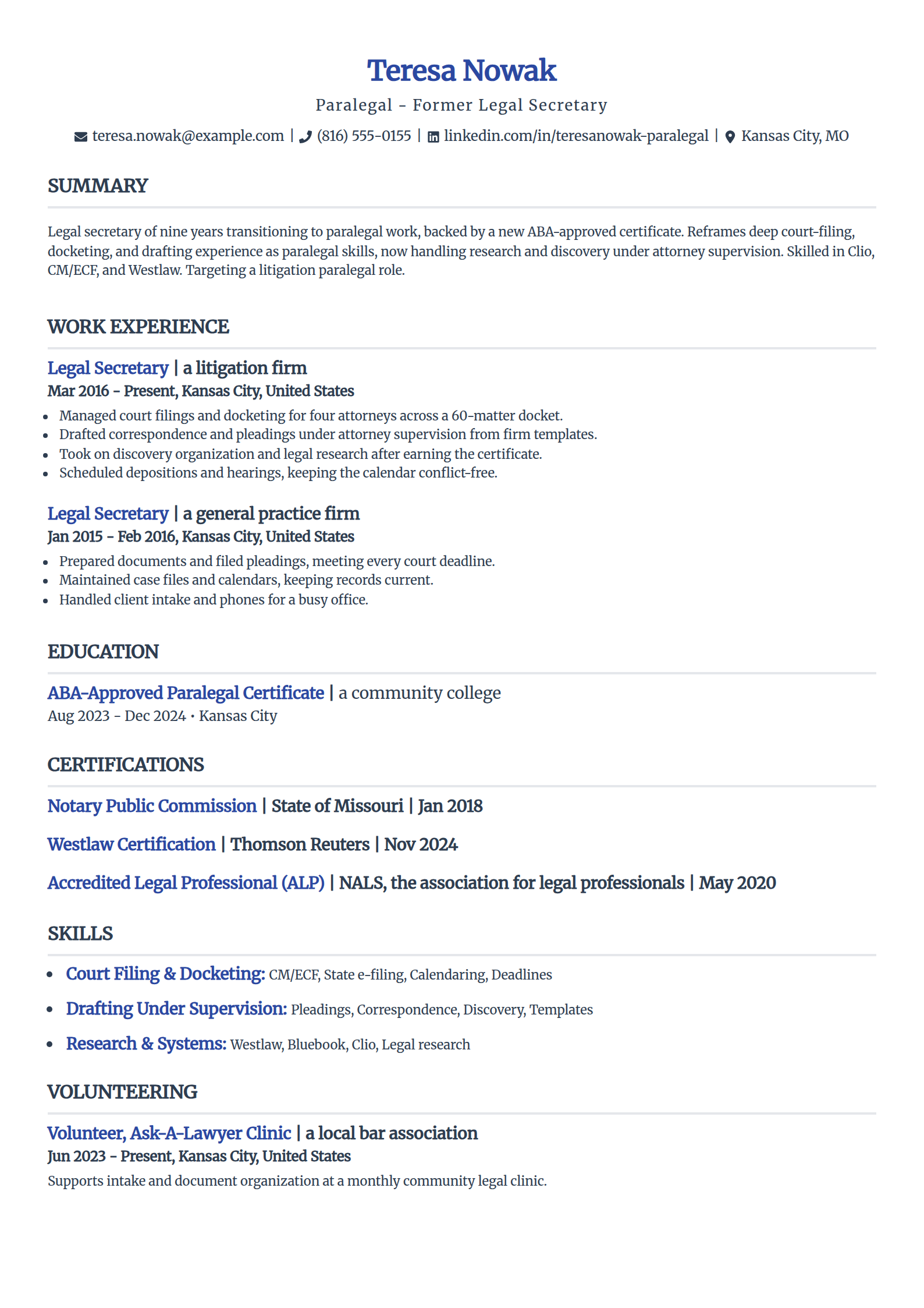 Career-change paralegal resume example in the Simple template