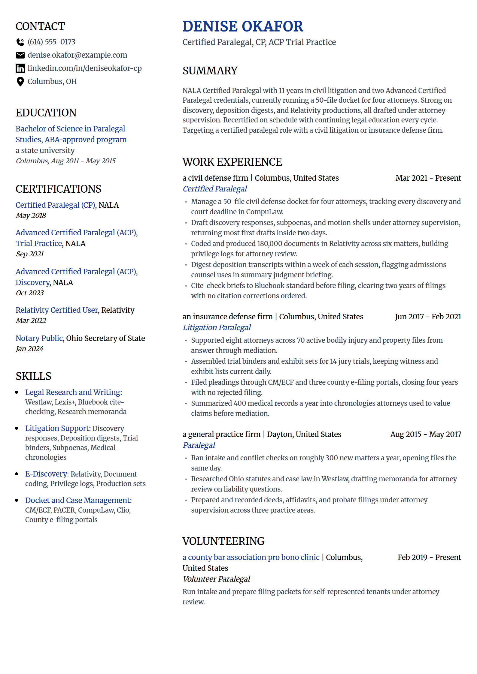 Certified paralegal resume example in the Voyage template