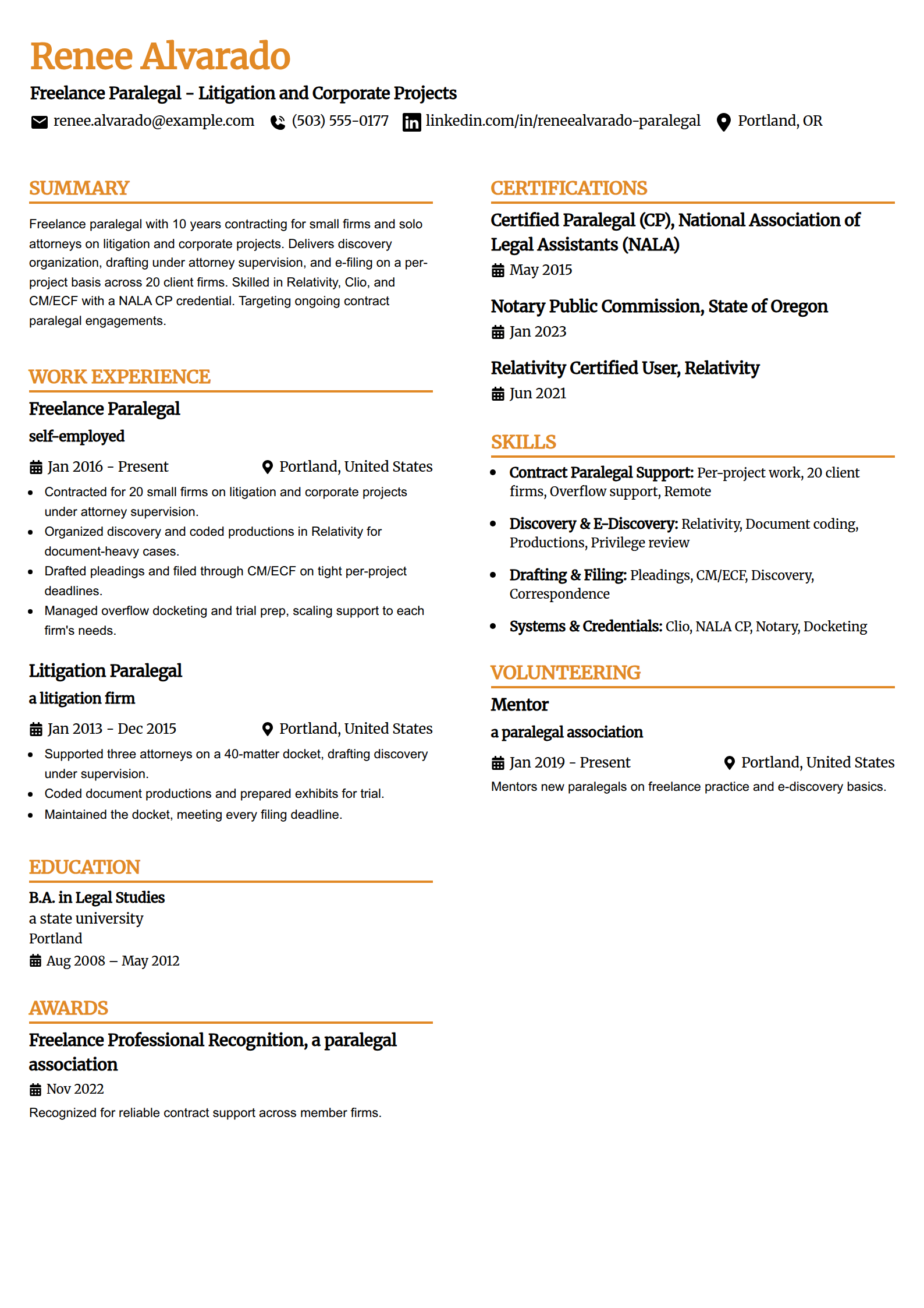 Freelance contract paralegal resume example in the Professional Edge template