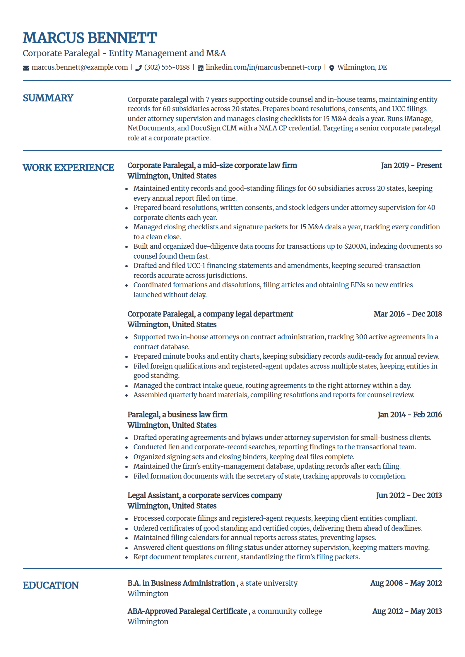 Corporate paralegal resume example in the Craft template