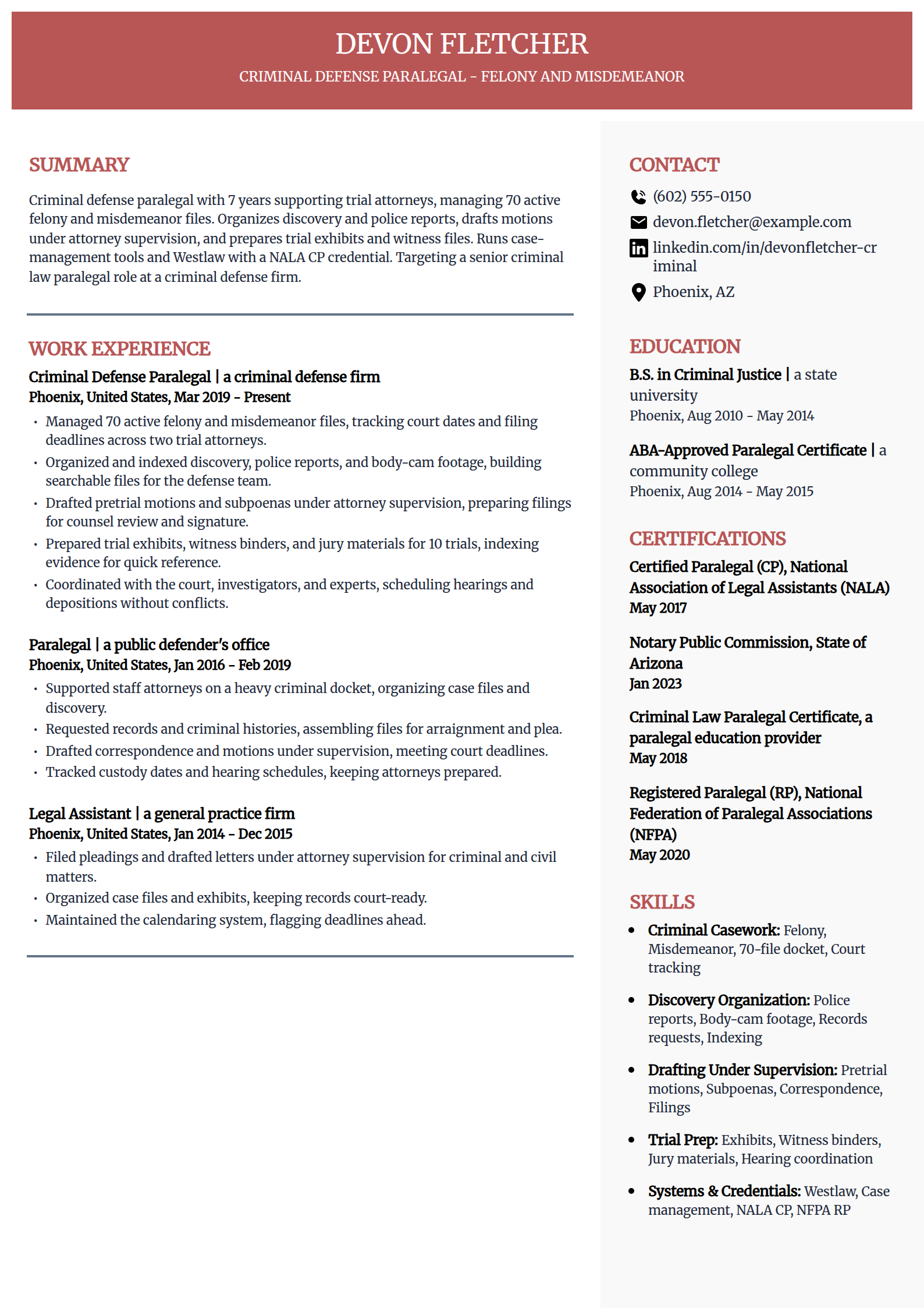 Criminal law paralegal resume example in the Executive template
